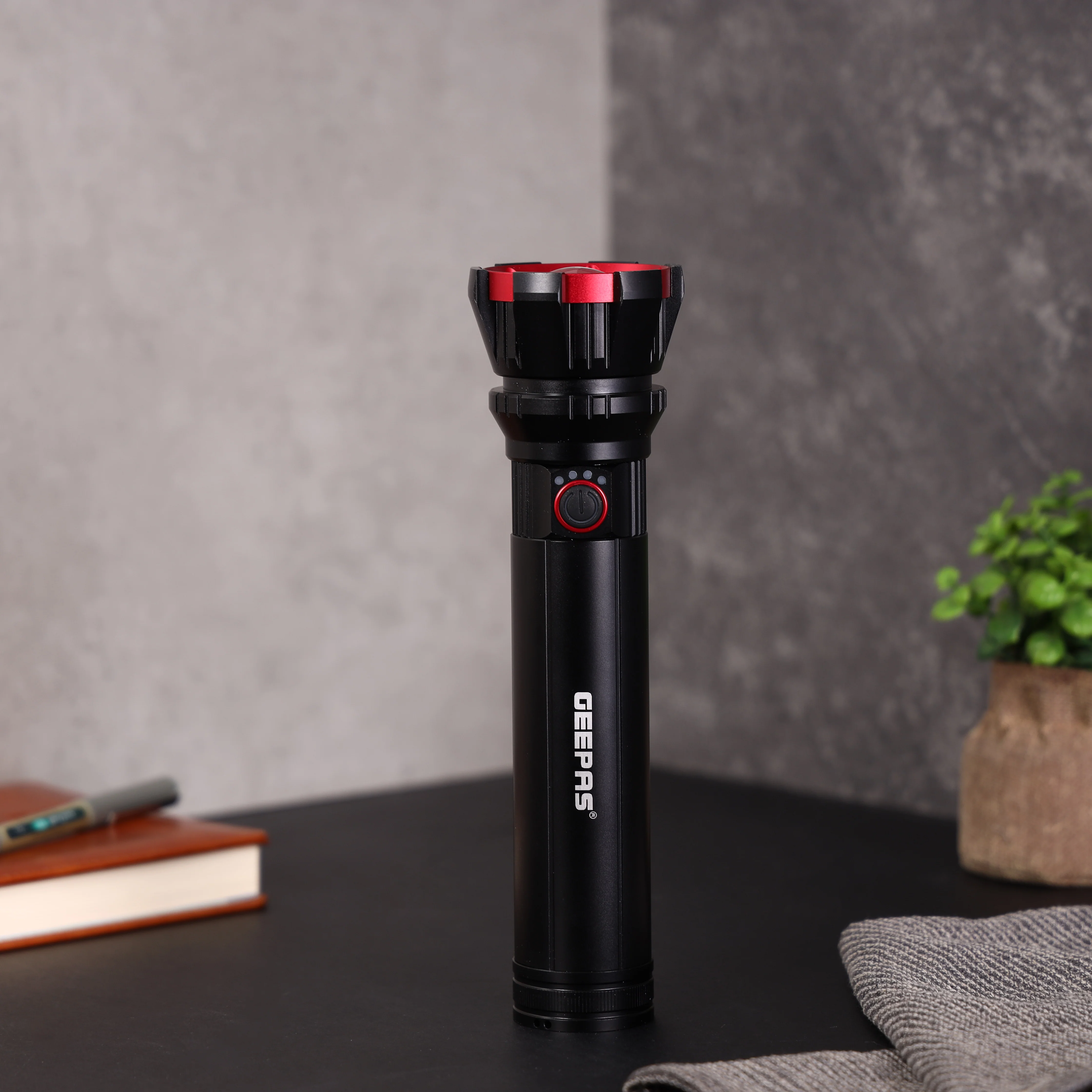 Geepas Zoomable LED Flashlight- GFL51080Z | 30W, 3000 Lumens | 2 Lighting Modes | 10Hrs Runtime | Battery Level Indicator | Lithium Battery | Black, Lifetime Warranty - Image 2