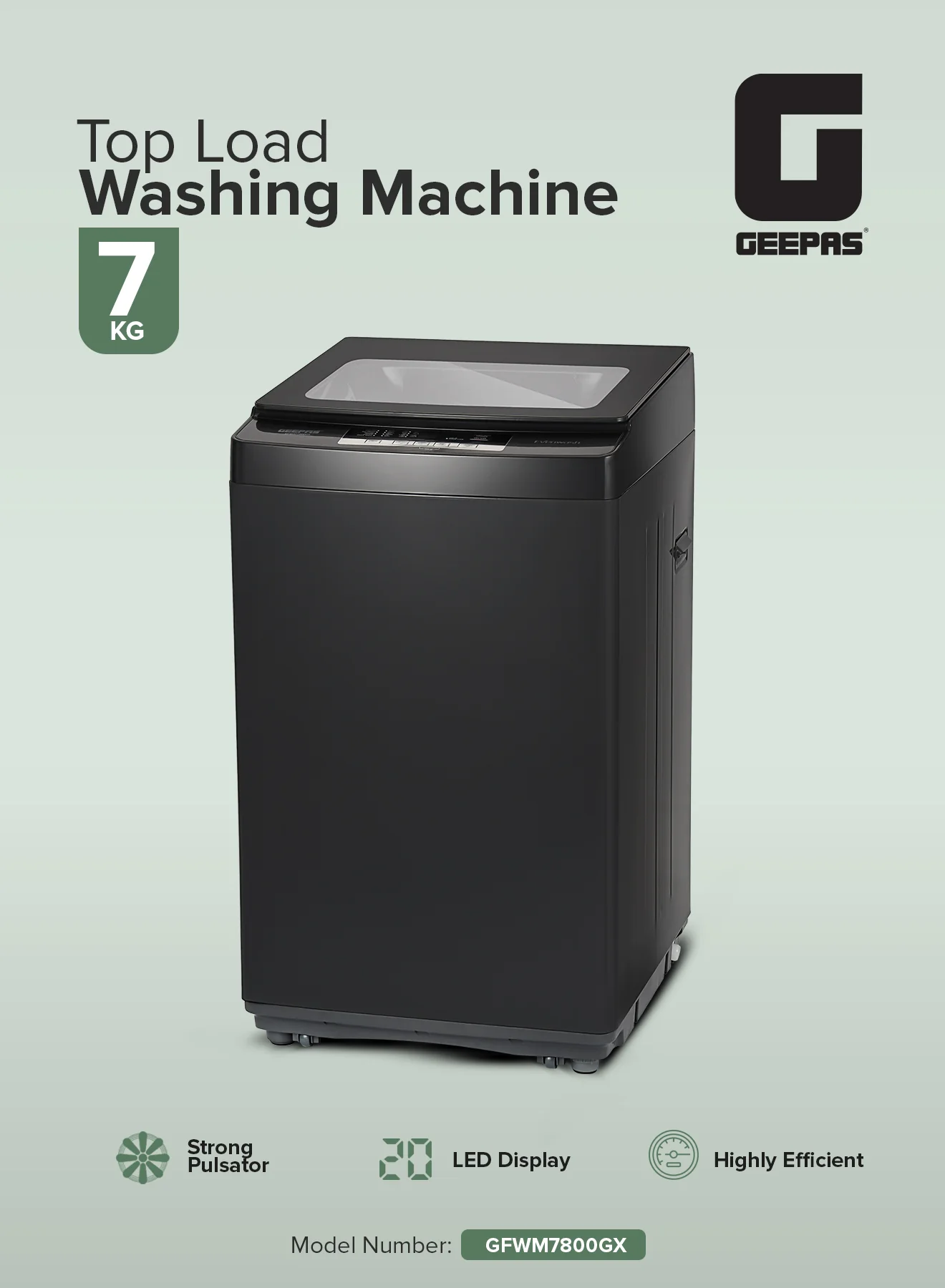 Geepas GFWM7800LCQ Fully Automatic Top Load Washing Machine | 7kg Capacity | 420W Wash Motor | LED Display | Diamond Drum | Premium Metallic Grey | 1-Year Warranty - Image 3