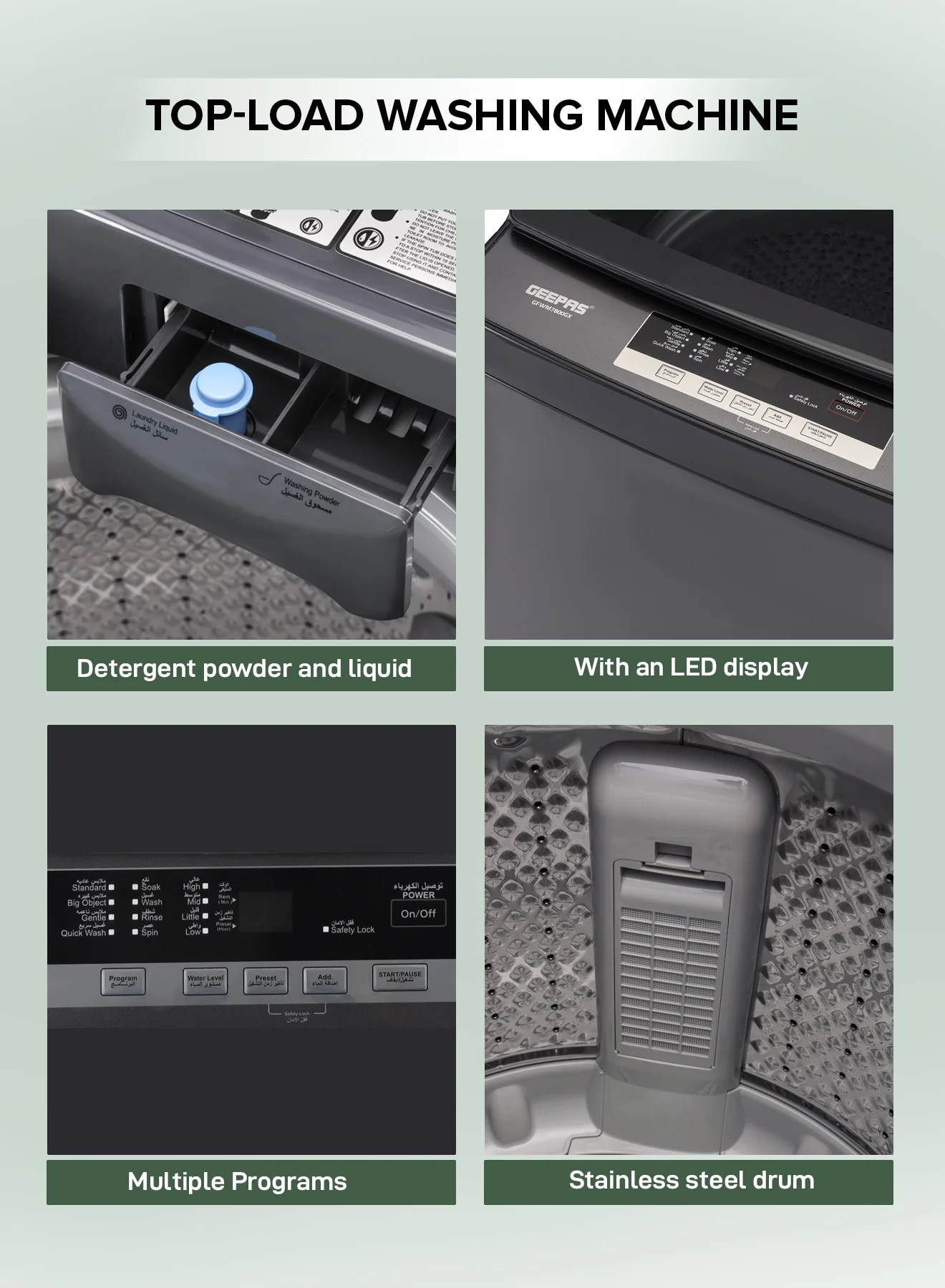 Geepas GFWM7800LCQ Fully Automatic Top Load Washing Machine | 7kg Capacity | 420W Wash Motor | LED Display | Diamond Drum | Premium Metallic Grey | 1-Year Warranty - Image 7