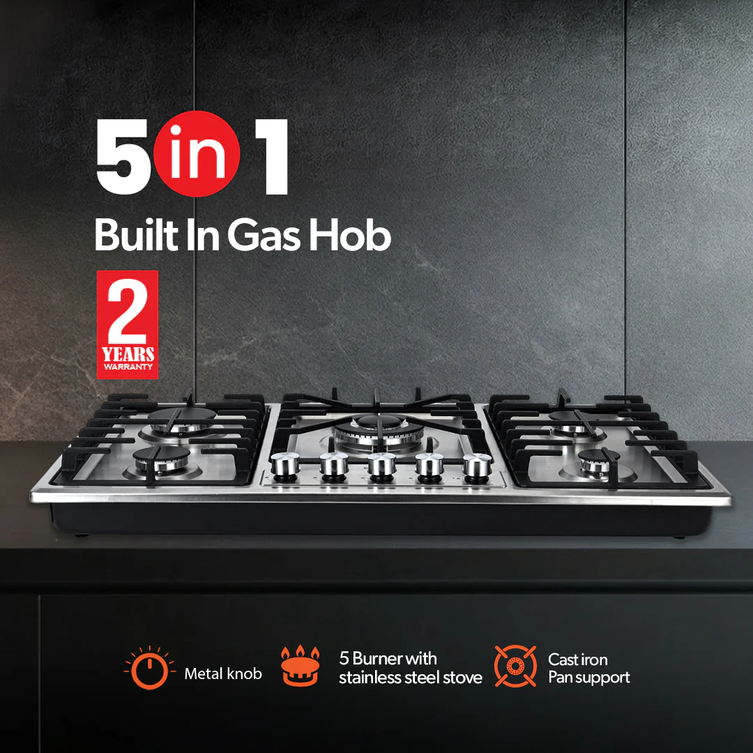 Geepas GGC31043 Built-in Gas Hob | 5 Burner Stainless Steel Hob with Auto Ignition| Flame Safety Device| High Efficiency Burners| Easy Cleaning Design & 2 Years Warranty - Image 2