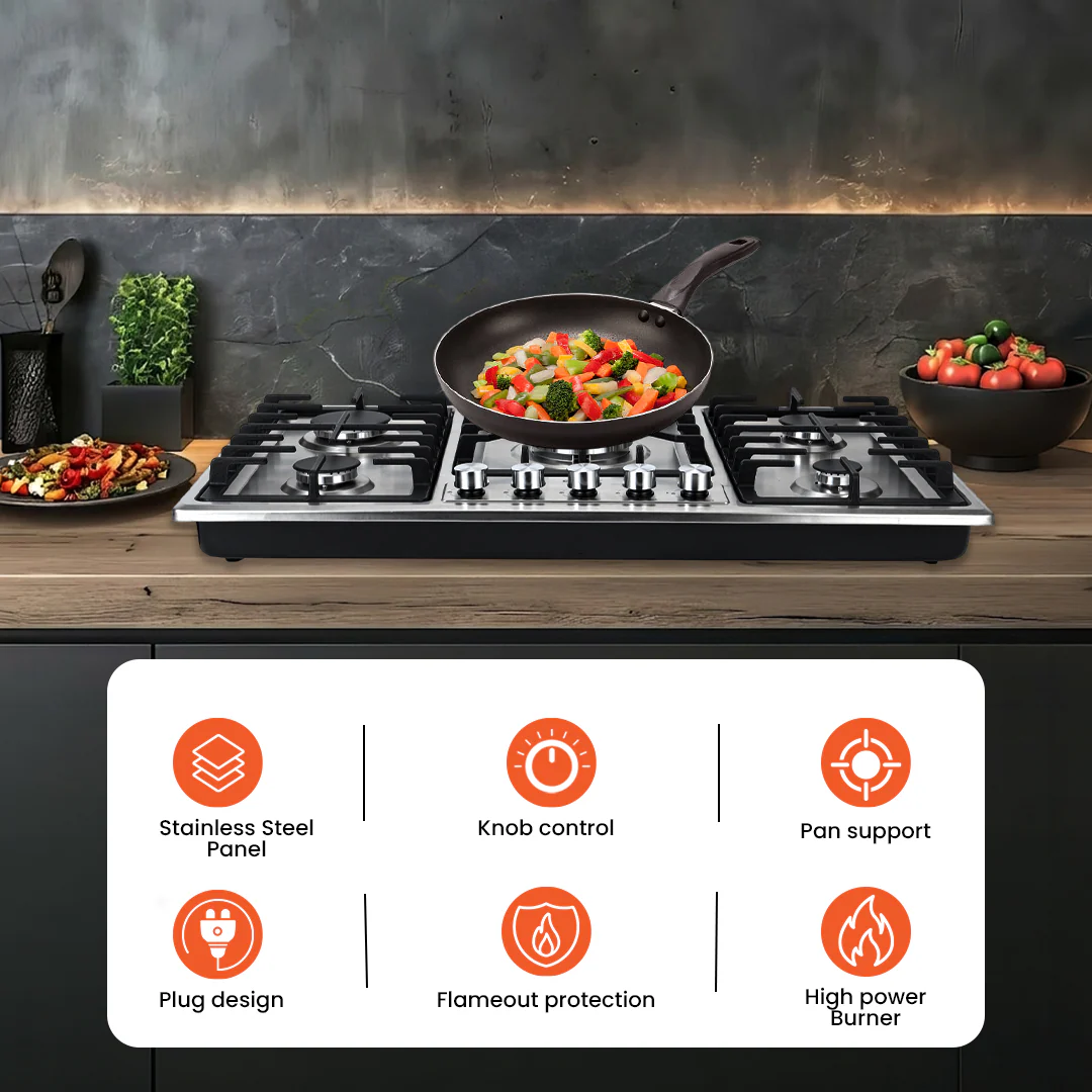 Geepas GGC31043 Built-in Gas Hob | 5 Burner Stainless Steel Hob with Auto Ignition| Flame Safety Device| High Efficiency Burners| Easy Cleaning Design & 2 Years Warranty - Image 3
