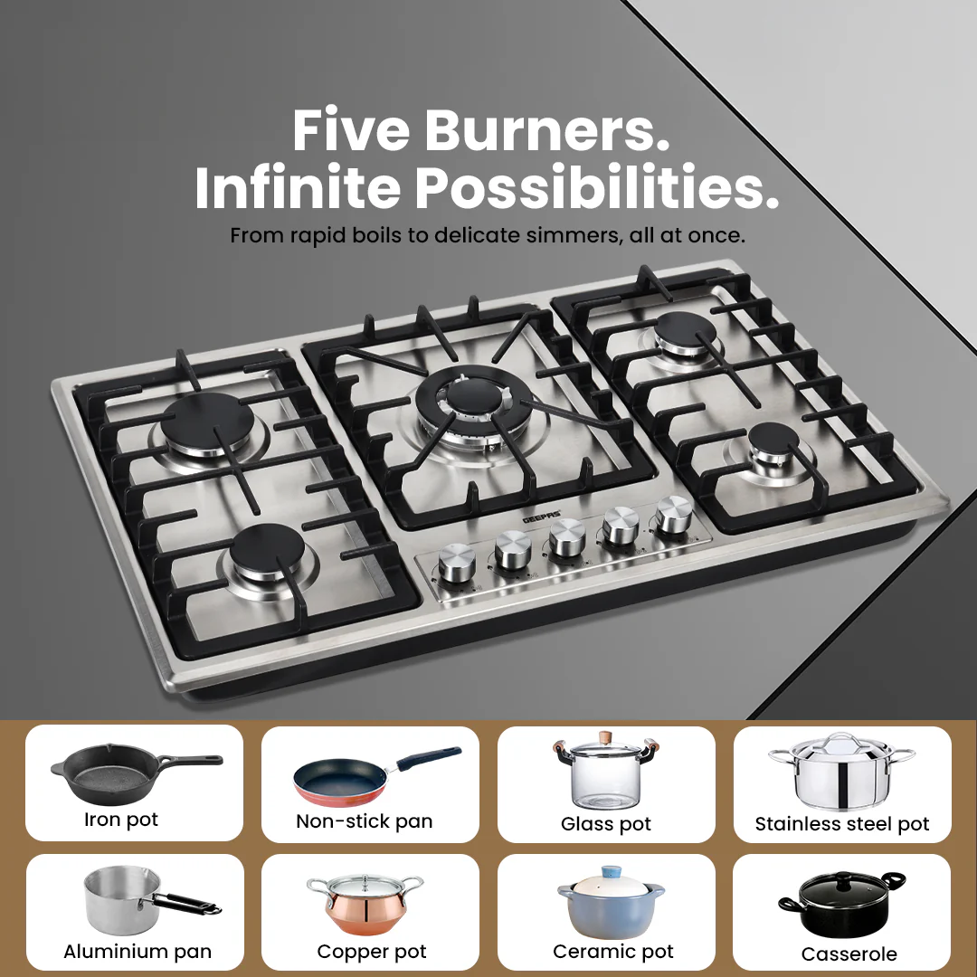 Geepas GGC31043 Built-in Gas Hob | 5 Burner Stainless Steel Hob with Auto Ignition| Flame Safety Device| High Efficiency Burners| Easy Cleaning Design & 2 Years Warranty - Image 4