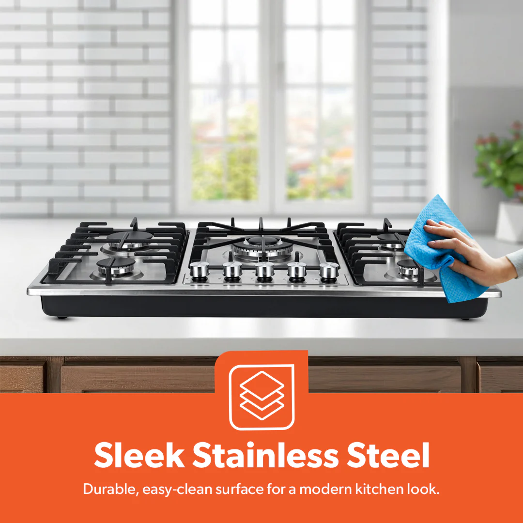 Geepas GGC31043 Built-in Gas Hob | 5 Burner Stainless Steel Hob with Auto Ignition| Flame Safety Device| High Efficiency Burners| Easy Cleaning Design & 2 Years Warranty - Image 6