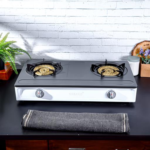 Geepas Stainless Steel Gas Cooker GGC31049 – 2 cast iron burners| low gas use| 60% saving| auto ignition| LPG stovetop| silver & black| durable|  2-year warranty - Image 2