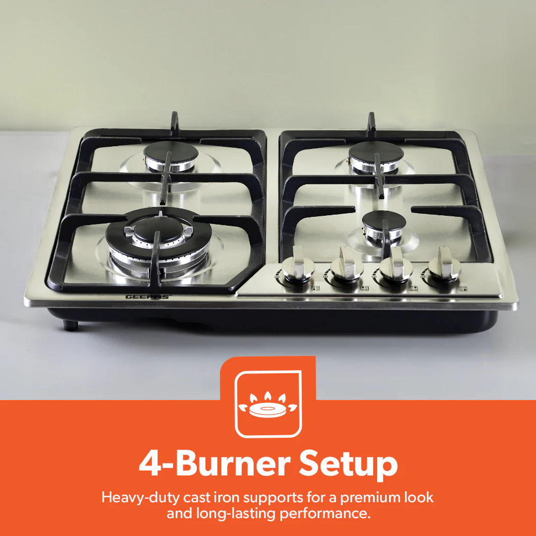 Geepas GGC31051FFD Built-in Stainless Steel Gas Hob | 4 High-Performance Burners | Auto Ignition System | Flame Failure Safety  | Durable Design | 2 Years Warranty - Image 4