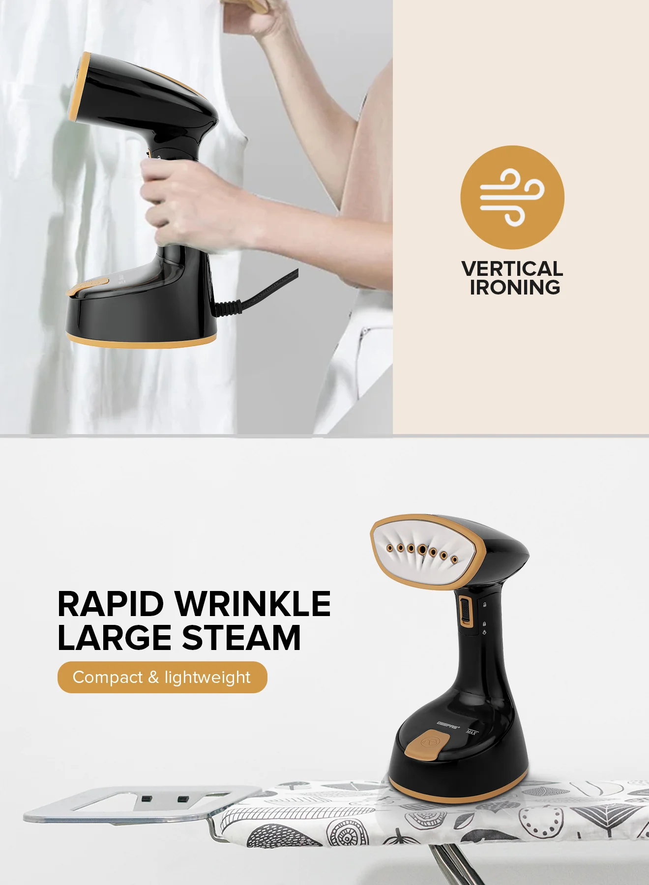 Geepas GGS25034 Handheld Garment Steamer |1240-1470W| 120ml Tank| 21g/min Continuous Steam |30s Heat-Up| Foldable| Stainless Steel Head| Travel-Friendly| 2 Years Warranty - Image 4