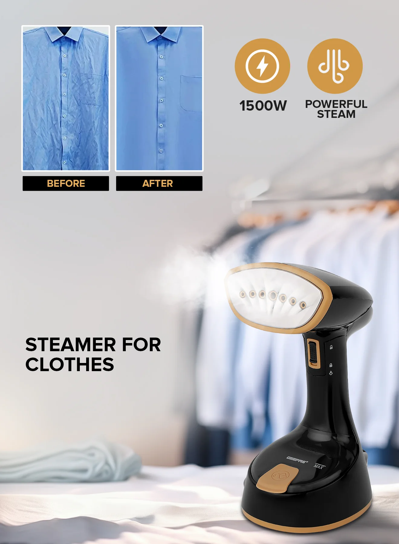 Geepas GGS25034 Handheld Garment Steamer |1240-1470W| 120ml Tank| 21g/min Continuous Steam |30s Heat-Up| Foldable| Stainless Steel Head| Travel-Friendly| 2 Years Warranty - Image 5