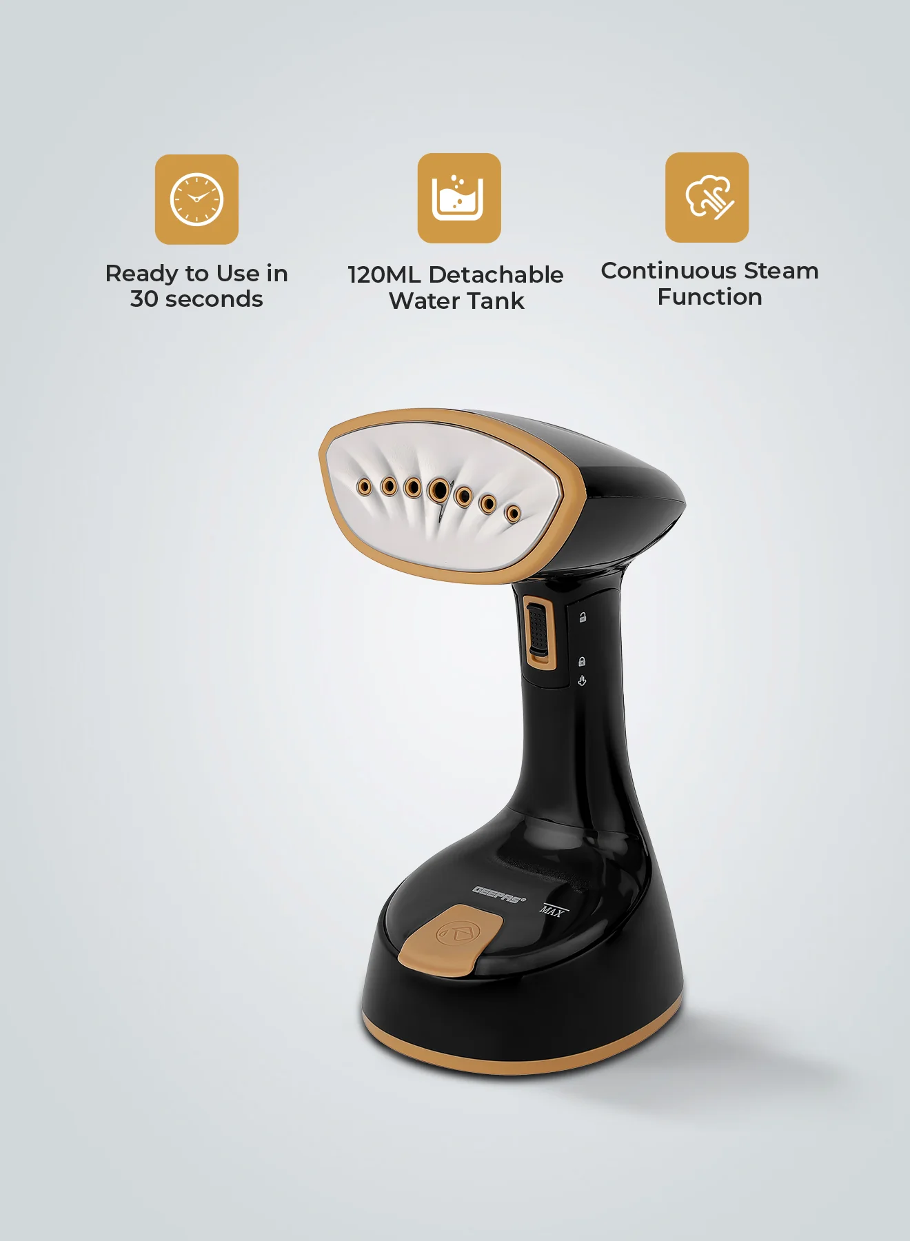 Geepas GGS25034 Handheld Garment Steamer |1240-1470W| 120ml Tank| 21g/min Continuous Steam |30s Heat-Up| Foldable| Stainless Steel Head| Travel-Friendly| 2 Years Warranty - Image 6