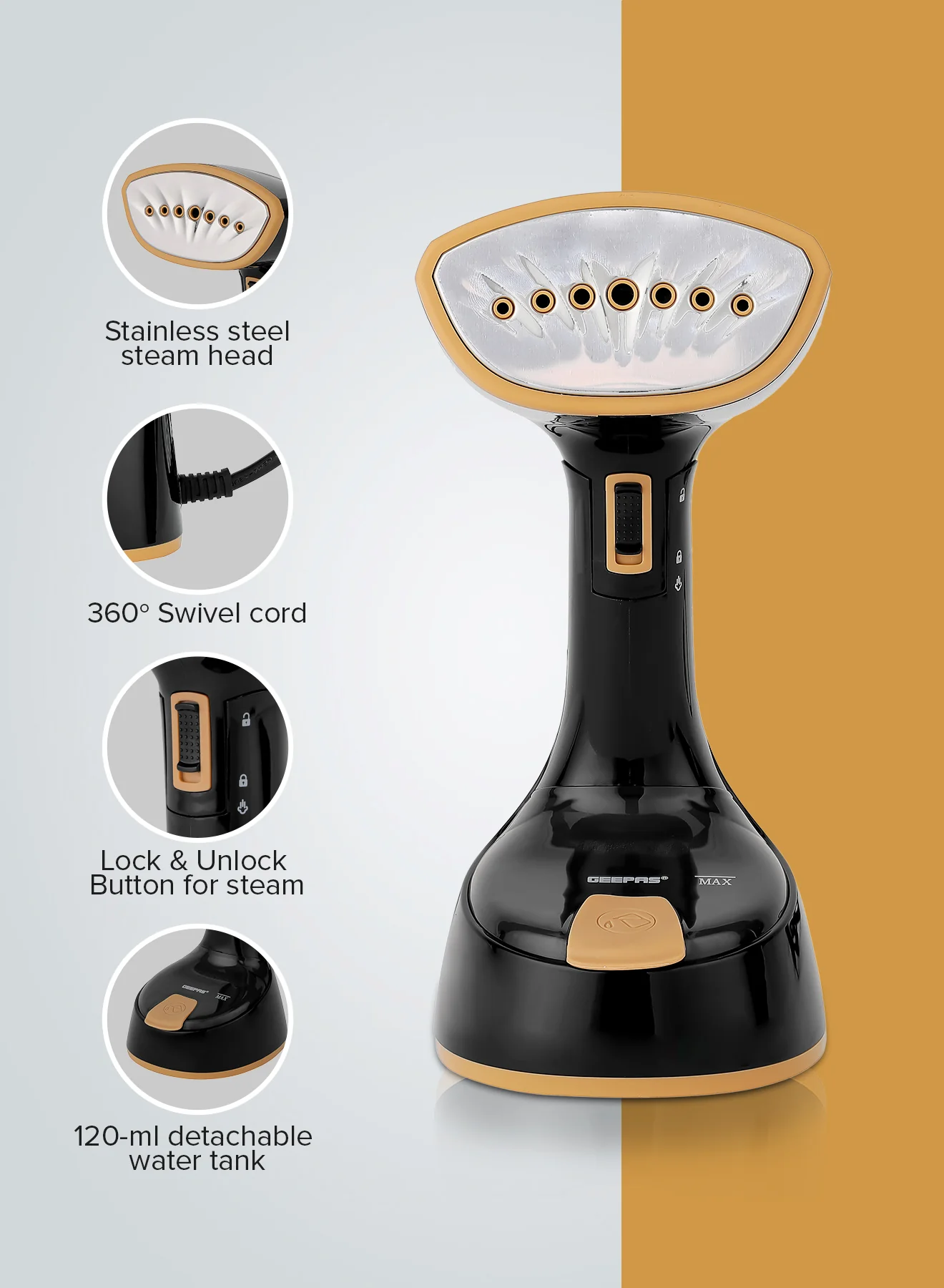 Geepas GGS25034 Handheld Garment Steamer |1240-1470W| 120ml Tank| 21g/min Continuous Steam |30s Heat-Up| Foldable| Stainless Steel Head| Travel-Friendly| 2 Years Warranty - Image 7