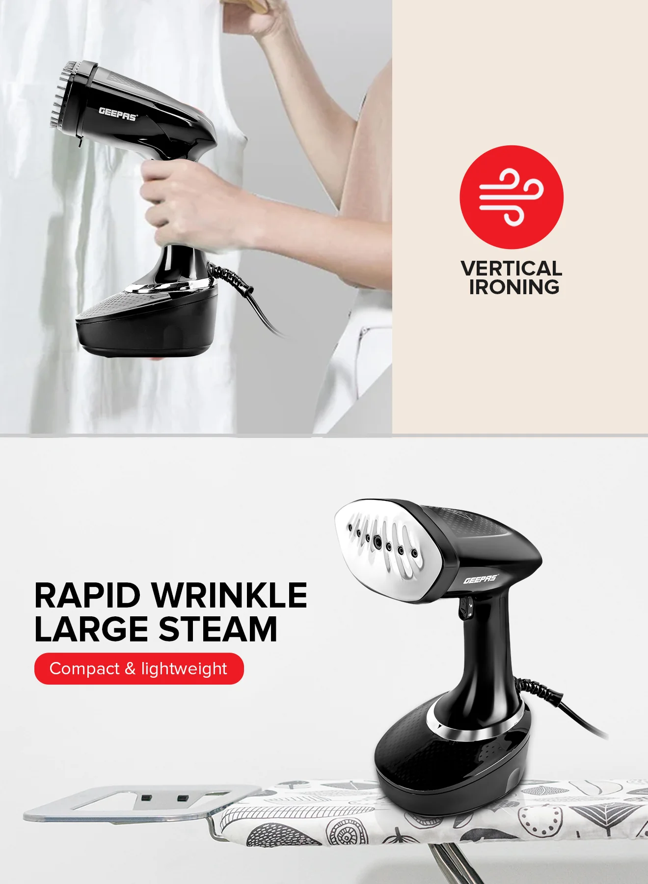 Geepas GGS25041 Handheld Garment Steamer | 1500W| 400ml Detachable Water Tank| 25g/min Steam | Stainless Steel Panel| Vertical Ironing| Fast Heat-Up| 2 Years Warranty - Image 4
