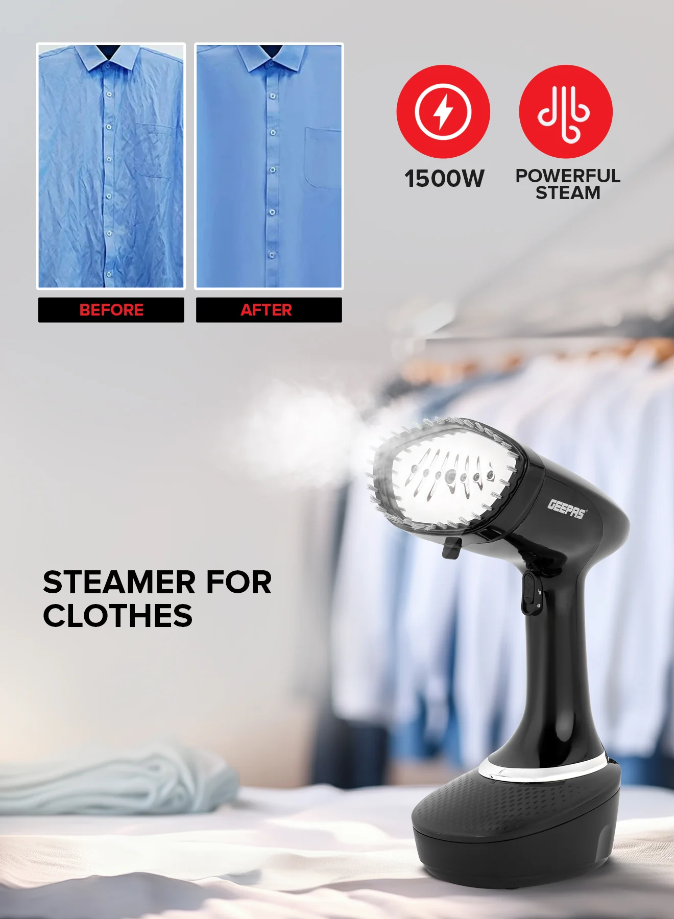 Geepas GGS25041 Handheld Garment Steamer | 1500W| 400ml Detachable Water Tank| 25g/min Steam | Stainless Steel Panel| Vertical Ironing| Fast Heat-Up| 2 Years Warranty - Image 5