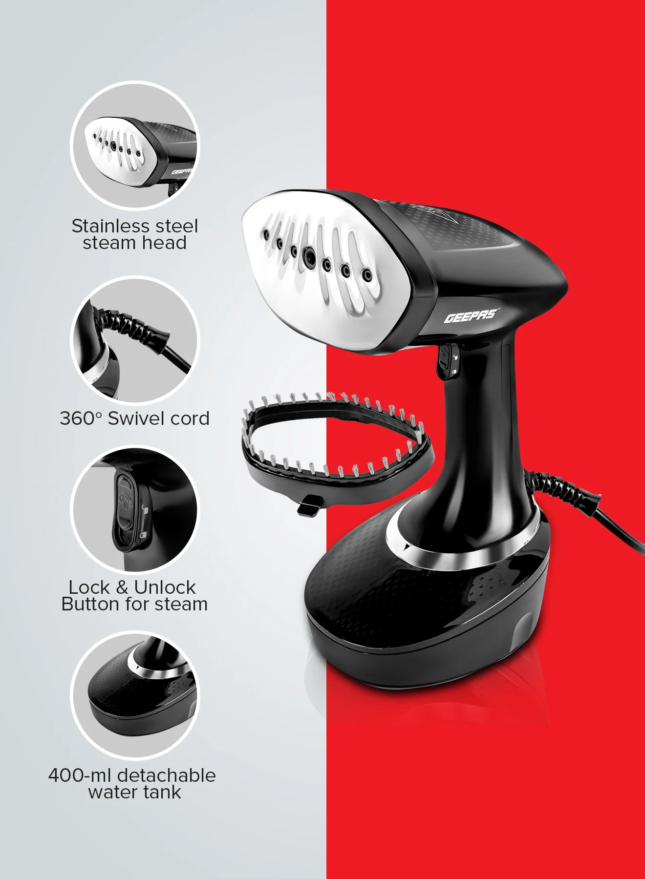 Geepas GGS25041 Handheld Garment Steamer | 1500W| 400ml Detachable Water Tank| 25g/min Steam | Stainless Steel Panel| Vertical Ironing| Fast Heat-Up| 2 Years Warranty - Image 6