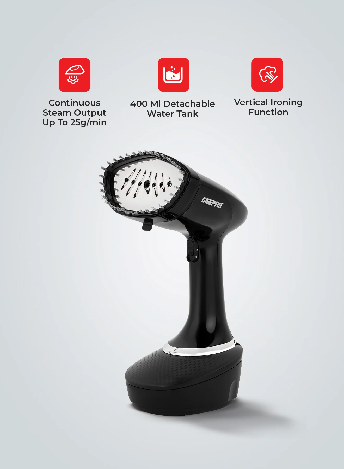 Geepas GGS25041 Handheld Garment Steamer | 1500W| 400ml Detachable Water Tank| 25g/min Steam | Stainless Steel Panel| Vertical Ironing| Fast Heat-Up| 2 Years Warranty - Image 7
