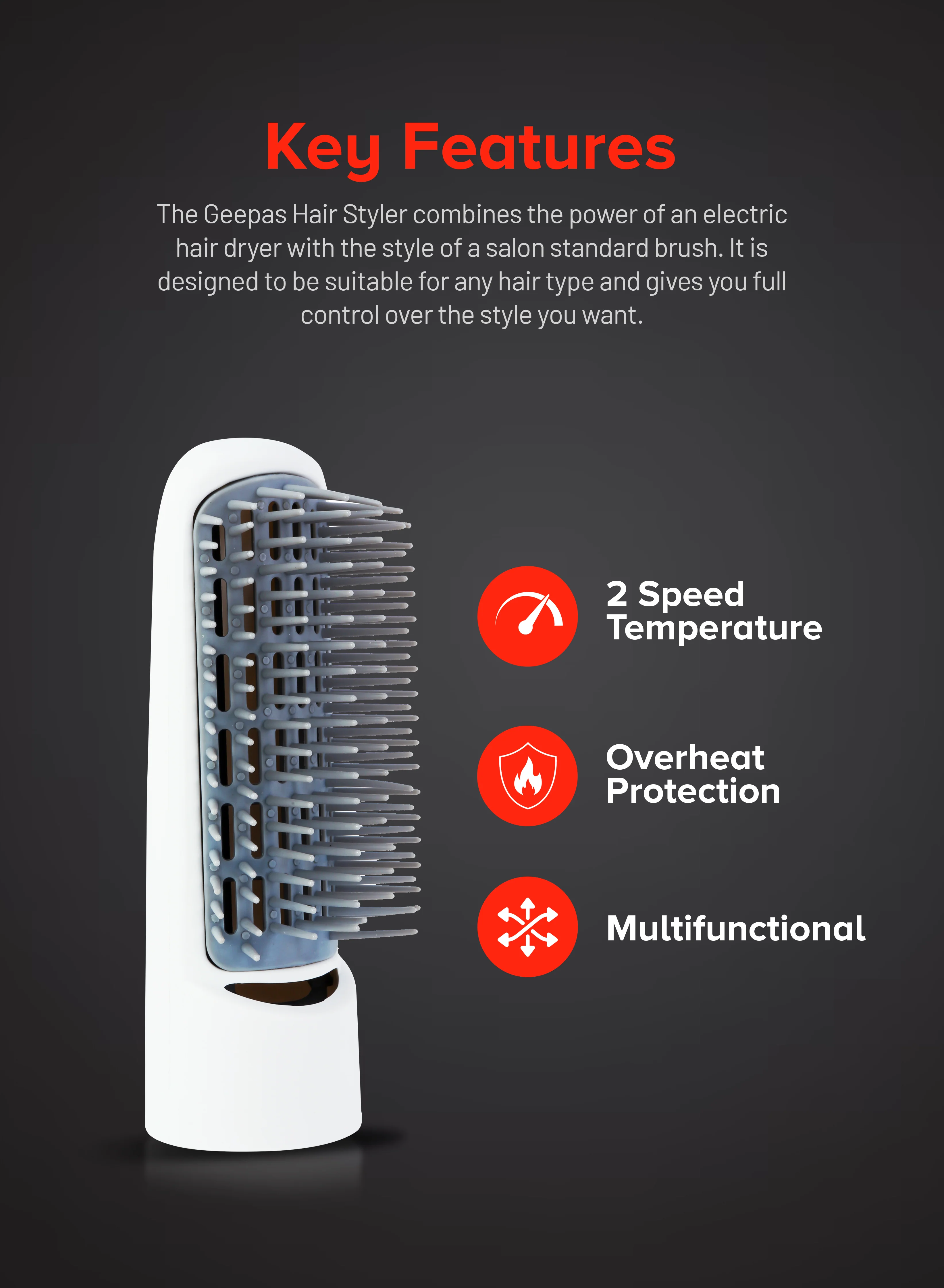 Geepas GH652 1 2-in-1 Hair Styler |700W Hair Dryer & Straightener with 21mm Thermal Brush| Cool Air Setting| 2 Speed Temperature Control & Concentrator| 2-Year Warranty - Image 4