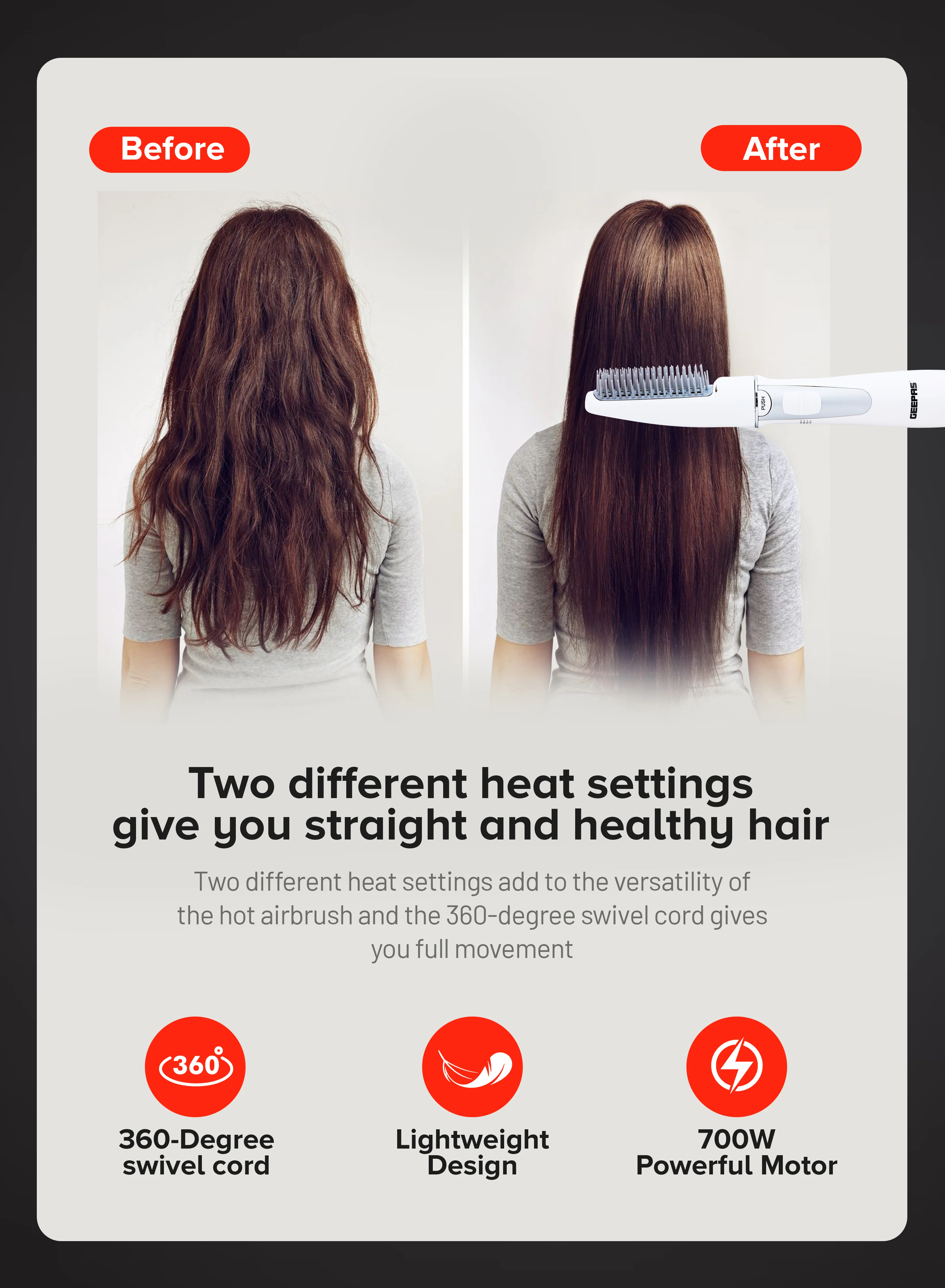 Geepas GH652 1 2-in-1 Hair Styler |700W Hair Dryer & Straightener with 21mm Thermal Brush| Cool Air Setting| 2 Speed Temperature Control & Concentrator| 2-Year Warranty - Image 5