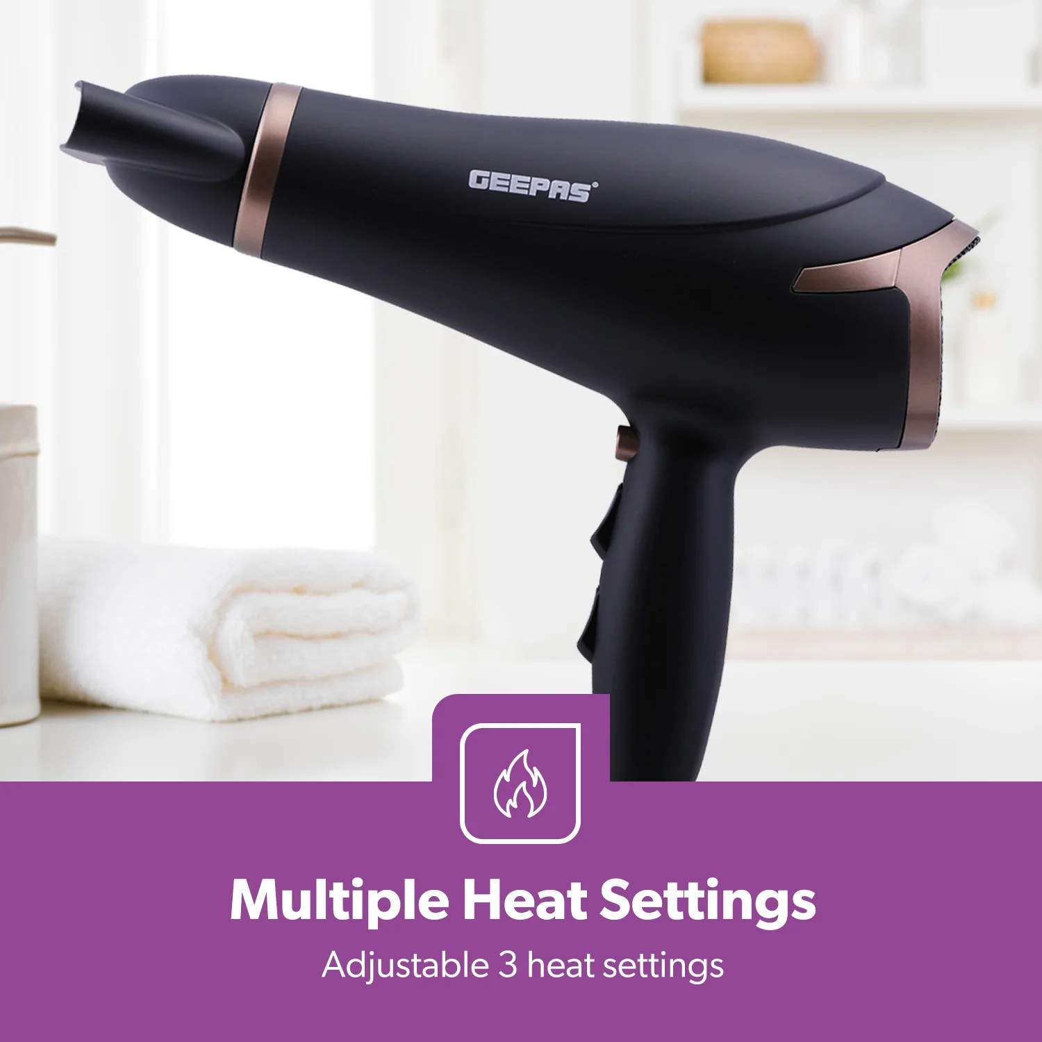 Geepas GH8643 Hair Dryer | 2200W Powerful Motor|  3 Heat & 2 Speed Settings|  Cool Shot|  Hang-Up Hook|  Concentrator Nozzle|  Detachable Cap | 2 Years Warranty - Image 3