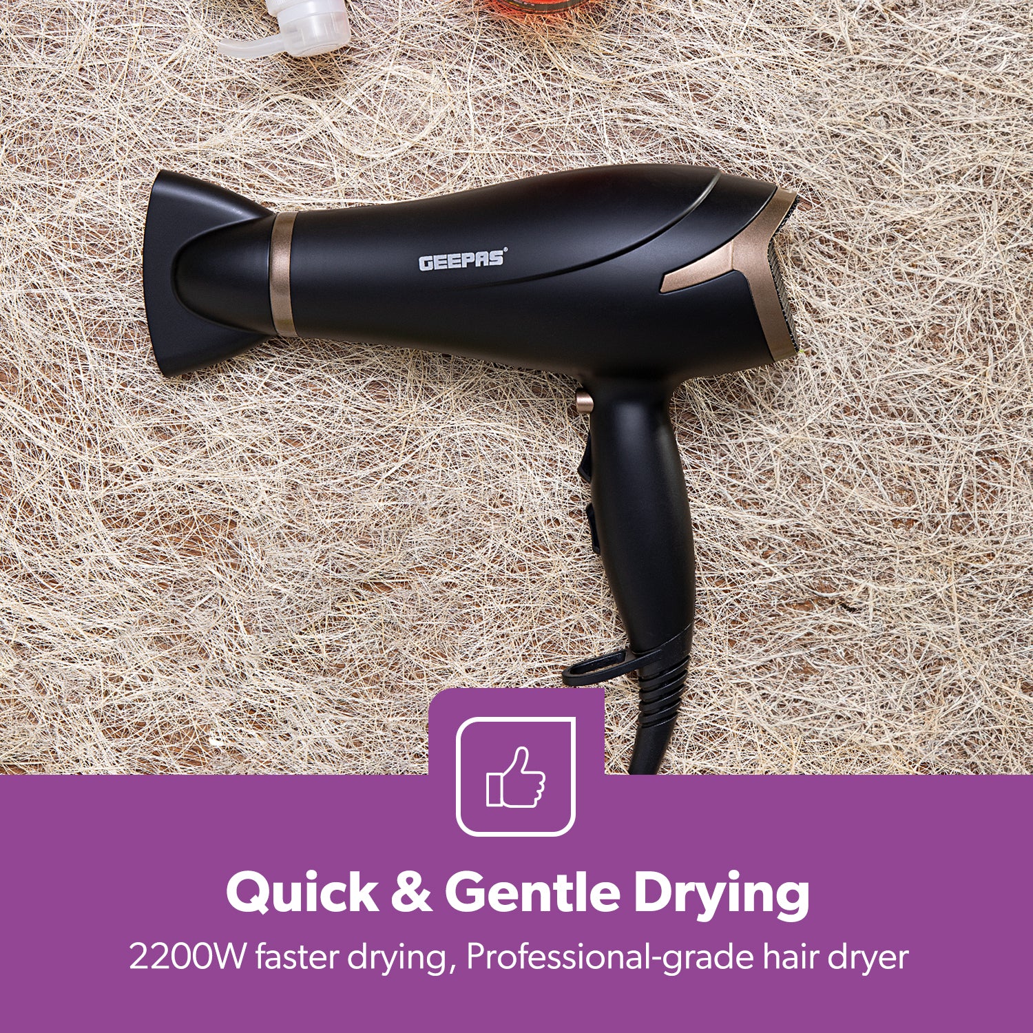 Geepas GH8643 Hair Dryer | 2200W Powerful Motor|  3 Heat & 2 Speed Settings|  Cool Shot|  Hang-Up Hook|  Concentrator Nozzle|  Detachable Cap | 2 Years Warranty - Image 6