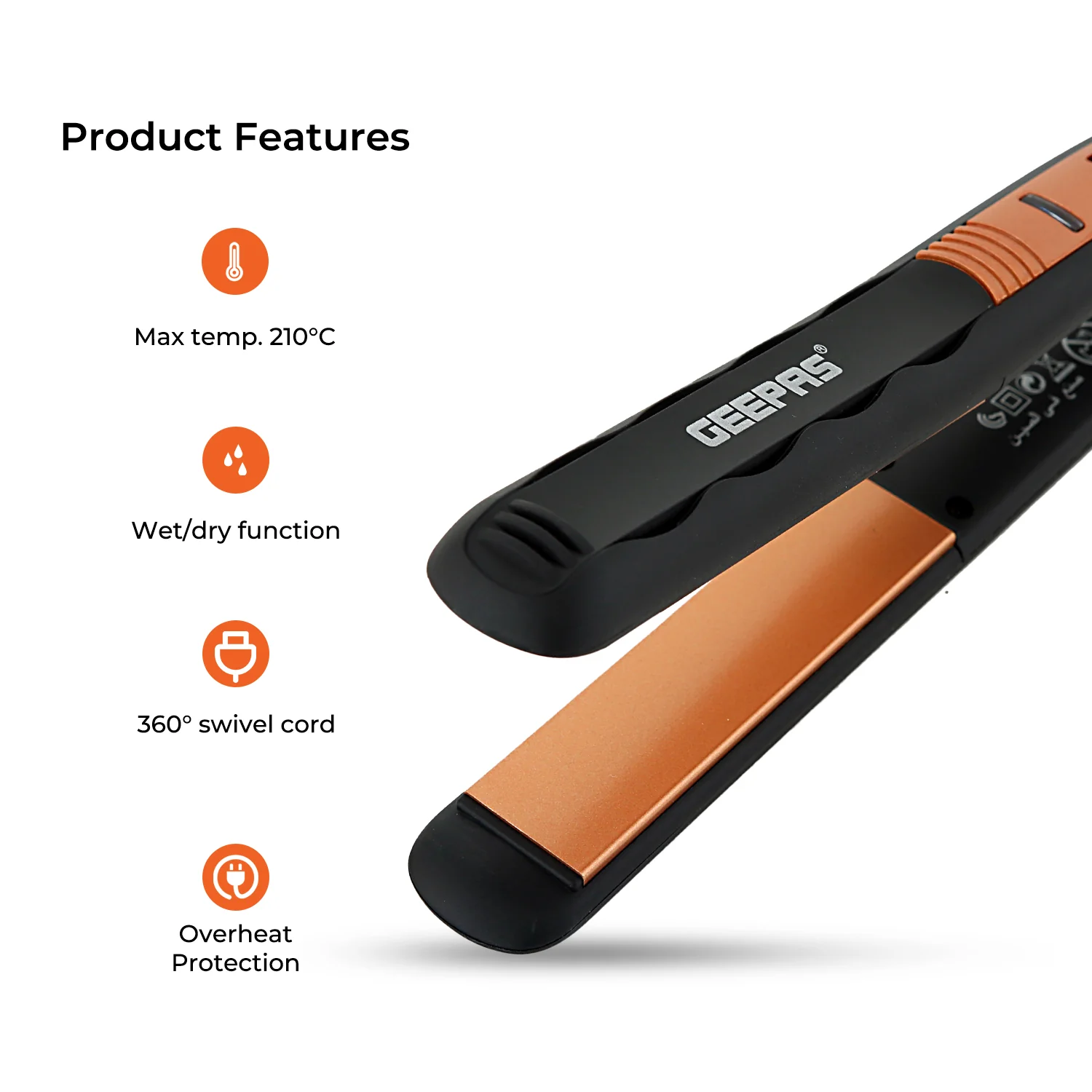 Geepas GH8723 Ceramic Hair Straightener | 210°C Max Temperature| Wet/Dry Function| 360° Swivel Cord| On/Off Switch| 35W Power| Professional Styling| 2 Years Warranty - Image 3