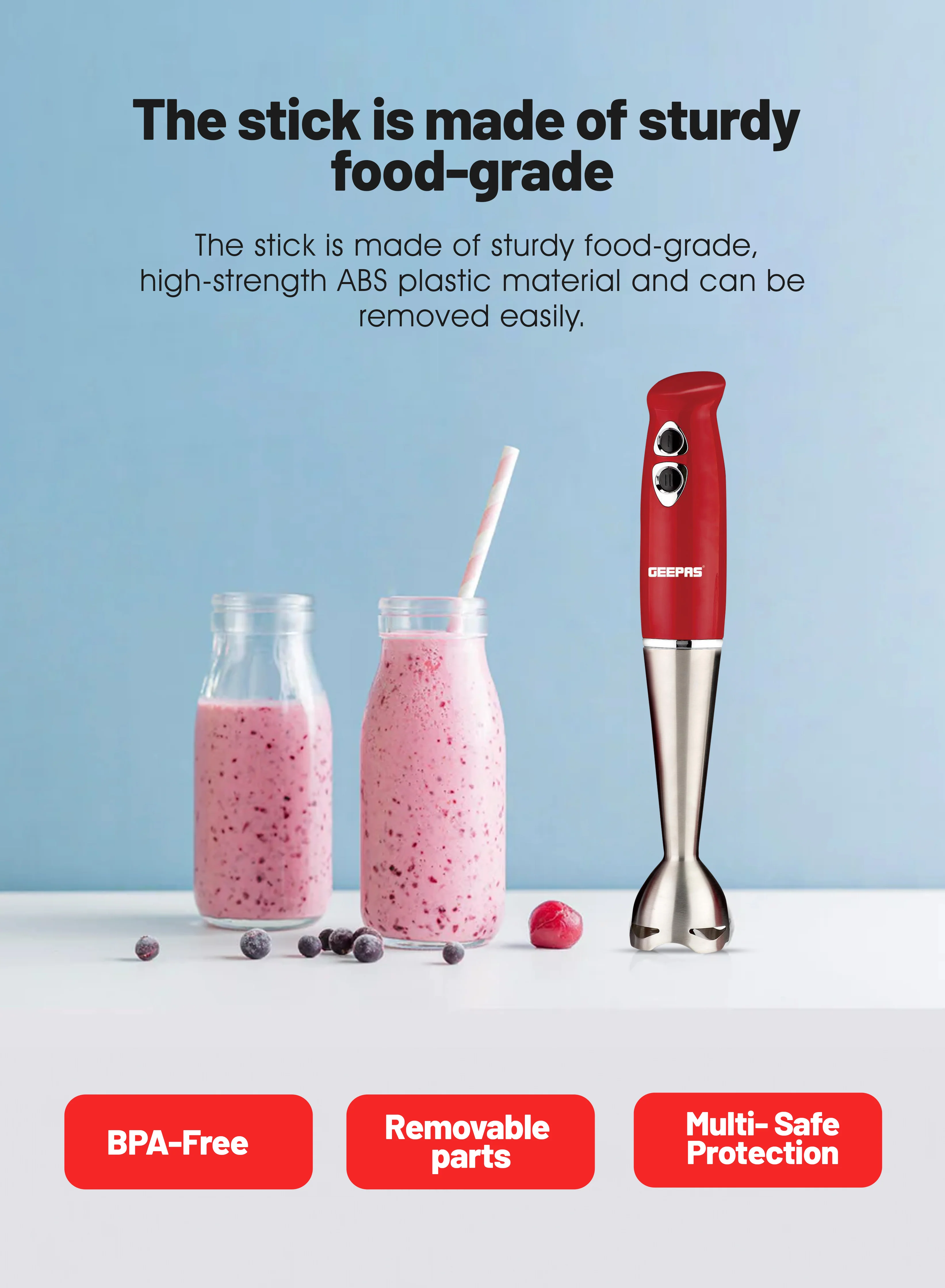Geepas GHB6136 Hand Blender | 400W DC Motor | 2 Speed Settings | Stainless Steel Stick & Blades | 860ml Chopper Bowl | Egg Whisk | BS Plug | Durable & Easy to Use - Image 3