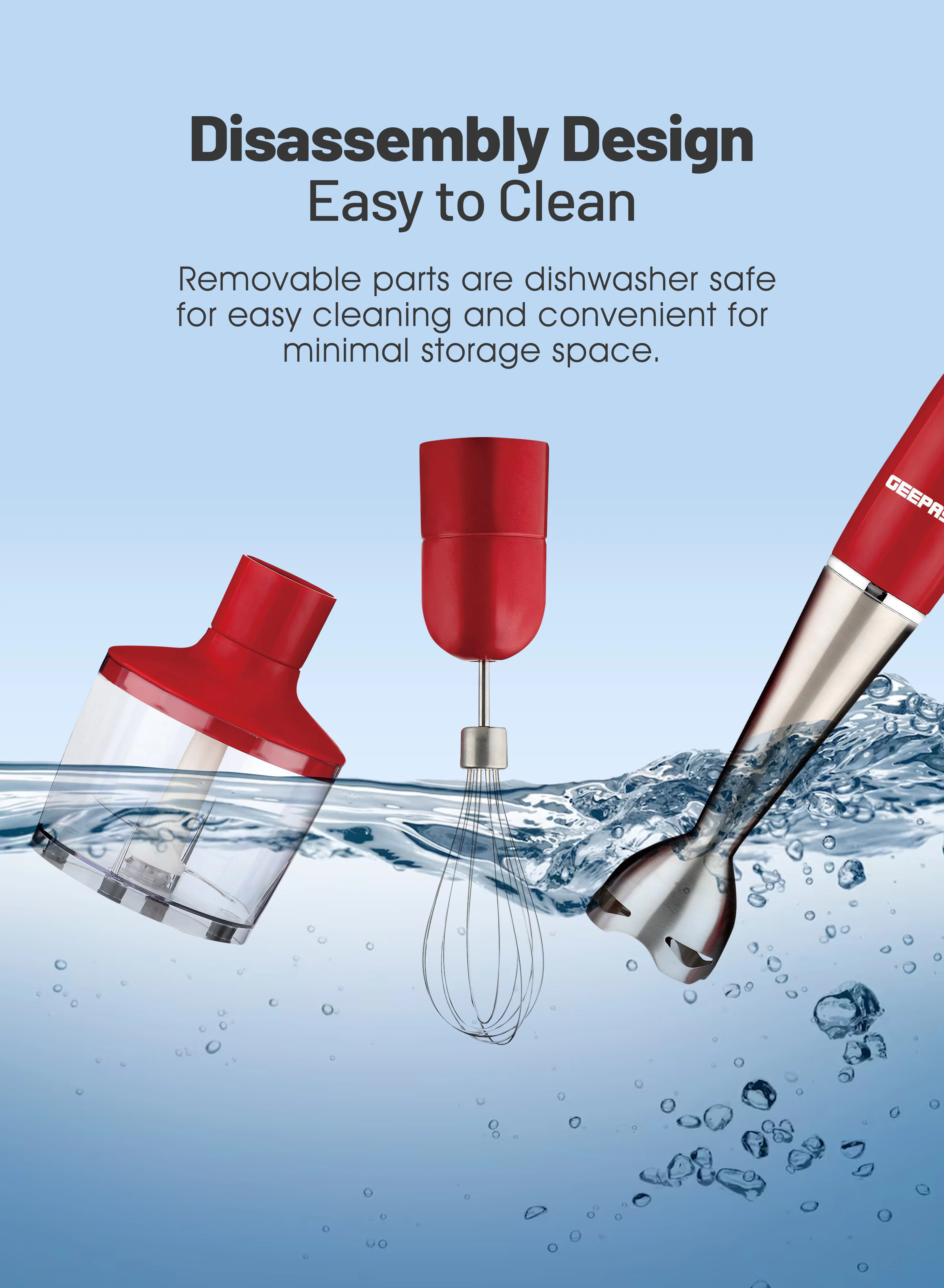 Geepas GHB6136 Hand Blender | 400W DC Motor | 2 Speed Settings | Stainless Steel Stick & Blades | 860ml Chopper Bowl | Egg Whisk | BS Plug | Durable & Easy to Use - Image 5