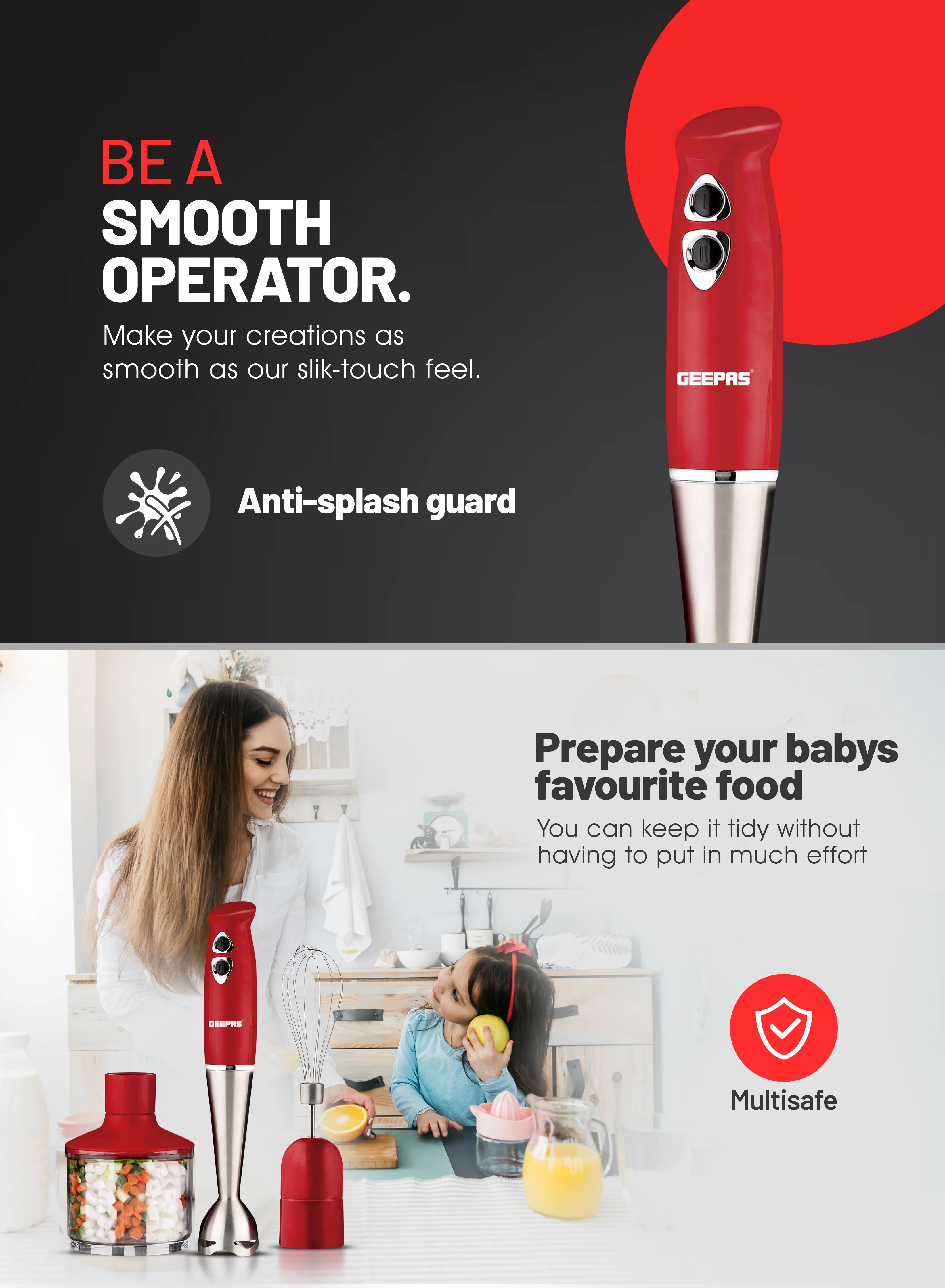 Geepas GHB6136 Hand Blender | 400W DC Motor | 2 Speed Settings | Stainless Steel Stick & Blades | 860ml Chopper Bowl | Egg Whisk | BS Plug | Durable & Easy to Use - Image 6
