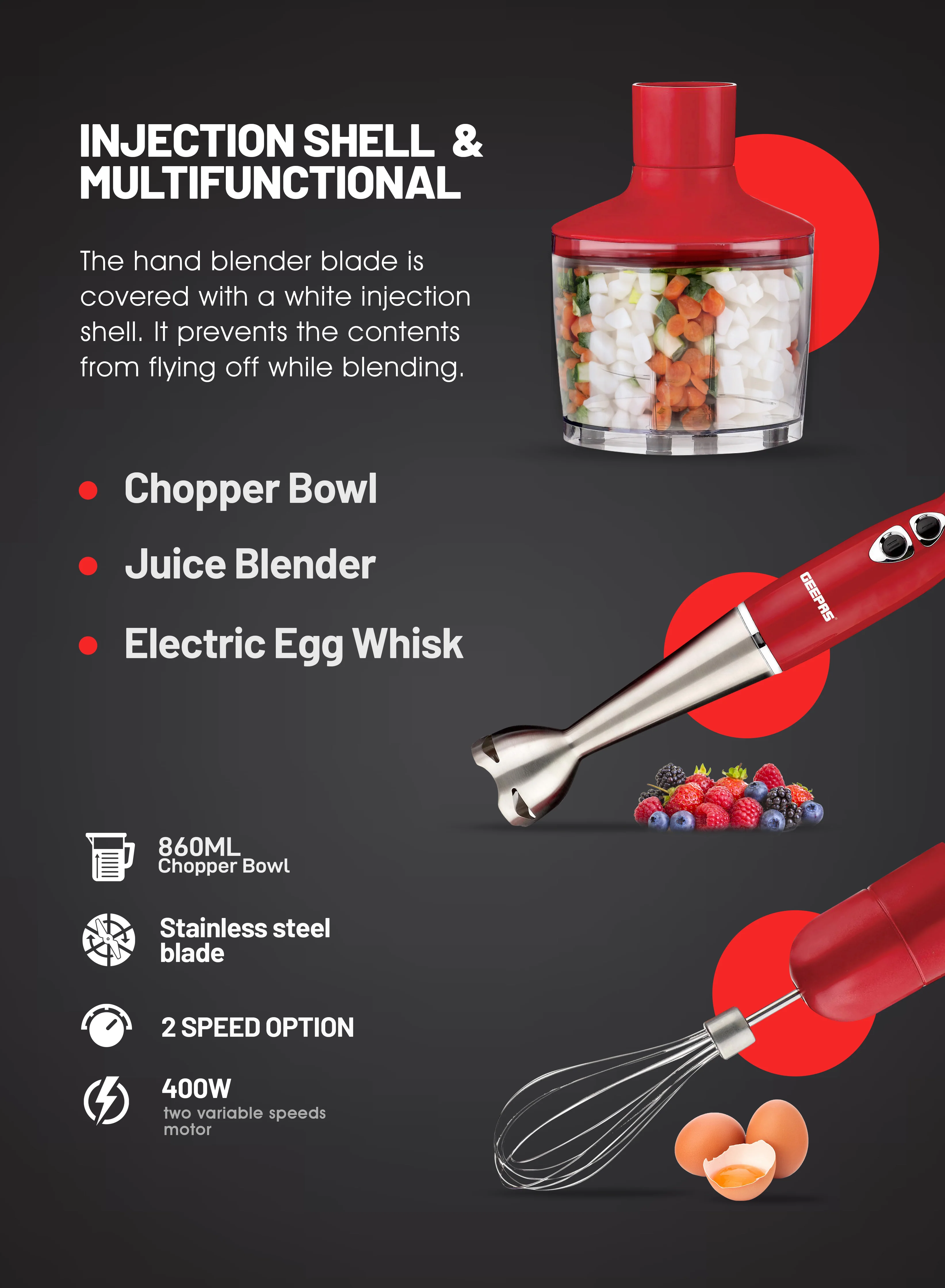 Geepas GHB6136 Hand Blender | 400W DC Motor | 2 Speed Settings | Stainless Steel Stick & Blades | 860ml Chopper Bowl | Egg Whisk | BS Plug | Durable & Easy to Use - Image 7