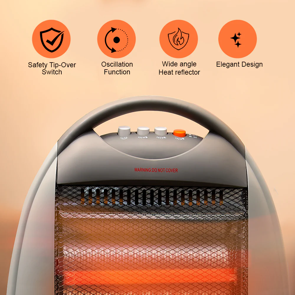 Geepas GHH9107 1200W Halogen Heater | 3 Heat Settings | Tip-Over Safety Protection | Instant Heating | Energy Efficient | Compact & Portable Design | 2 Years Warranty - Image 4