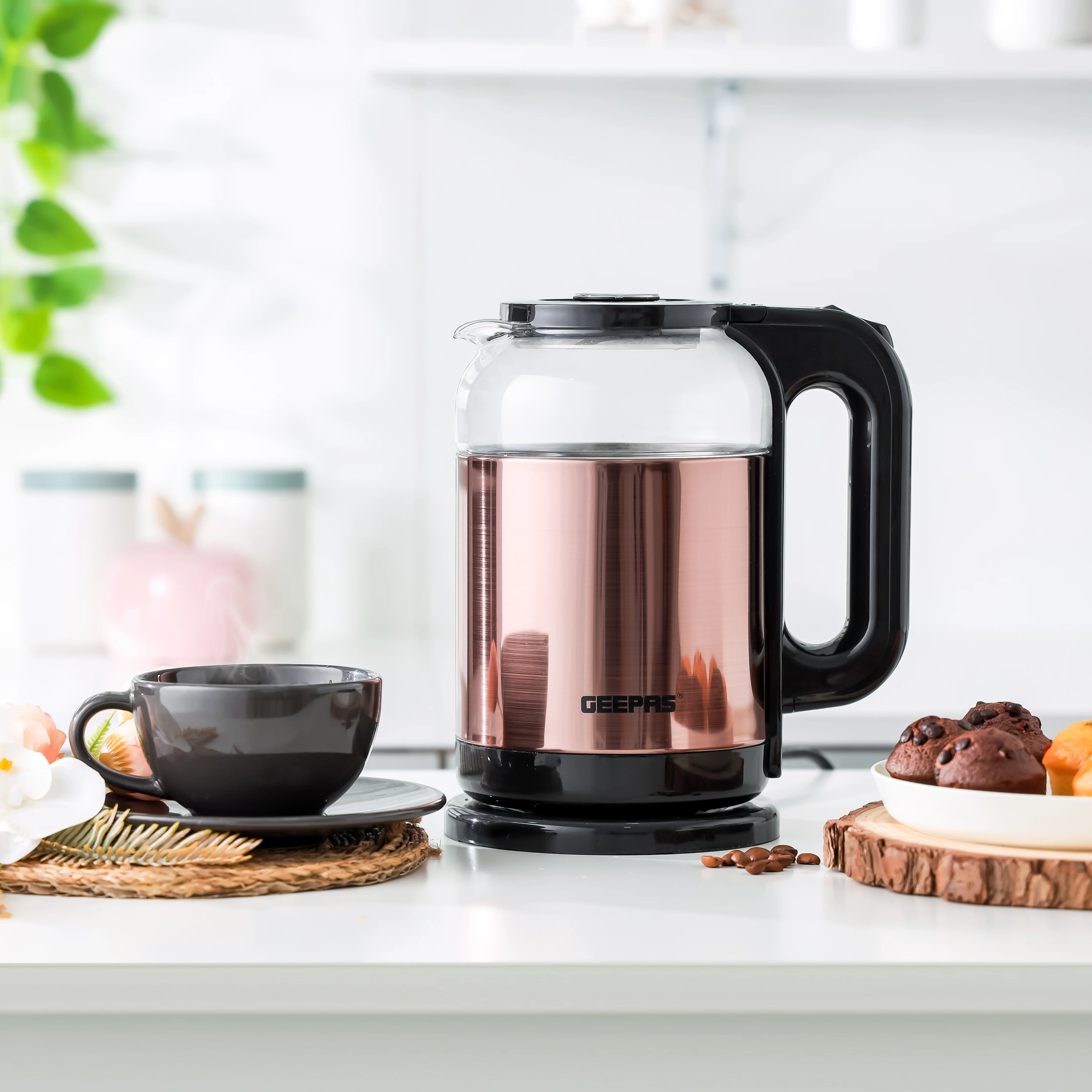 Geepas 1.7L Double Layer Glass Kettle GK38063 | 1500W, 360° Rotation, Boil Dry Protection, Auto Cut-Off, Cool Touch Handle, 2Year Warranty, Rose Gold & Black - Image 2