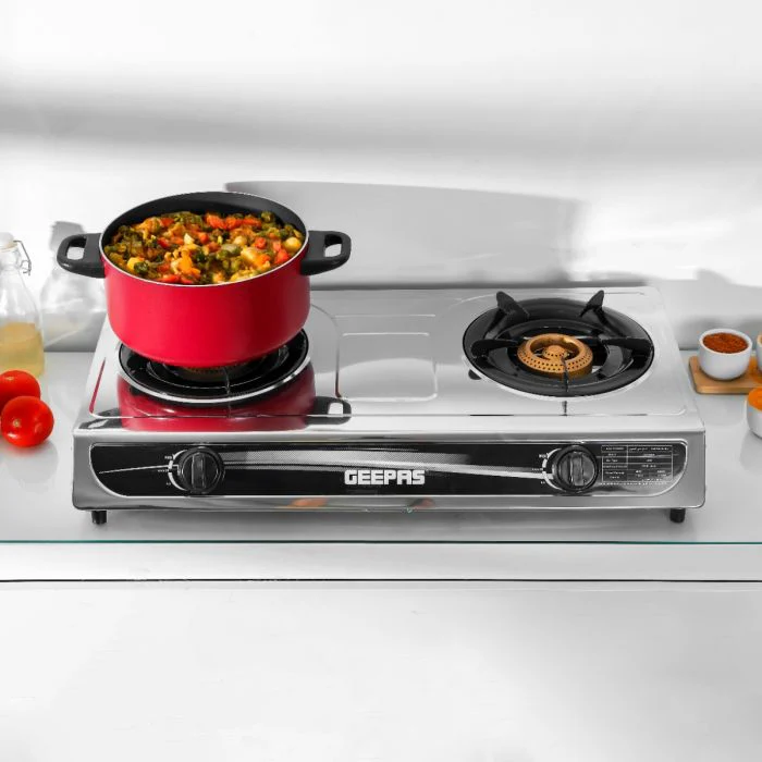 Geepas GK6898 Two Burner Gas Cooker | Stainless Steel Body| 2 High Efficiency Burners| Auto Ignition System| Flame Failure Device| Easy Cleaning Design |2 Years Warranty - Image 3