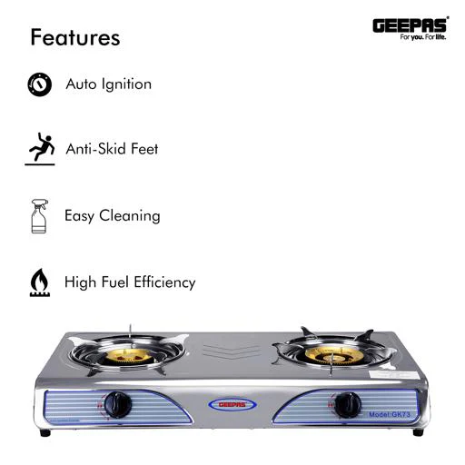 Geepas GK73 Stainless Steel Gas Stove | Powerful 7KW Double Burner | Auto Ignition for Easy Use |Durable Design with High Efficiency Cooking Performance |2 Years Warranty - Image 5