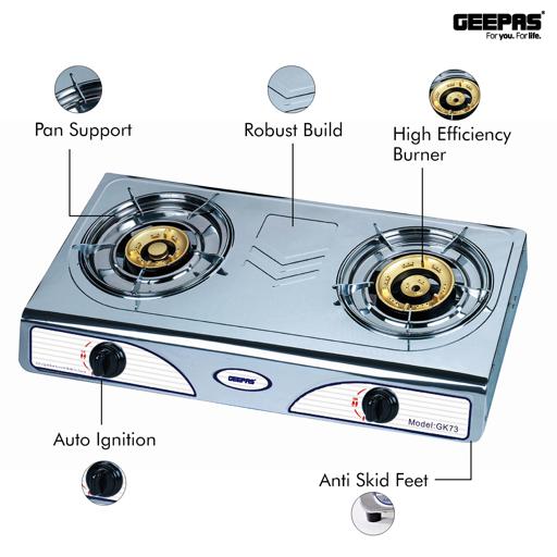 Geepas GK73 Stainless Steel Gas Stove | Powerful 7KW Double Burner | Auto Ignition for Easy Use |Durable Design with High Efficiency Cooking Performance |2 Years Warranty - Image 6