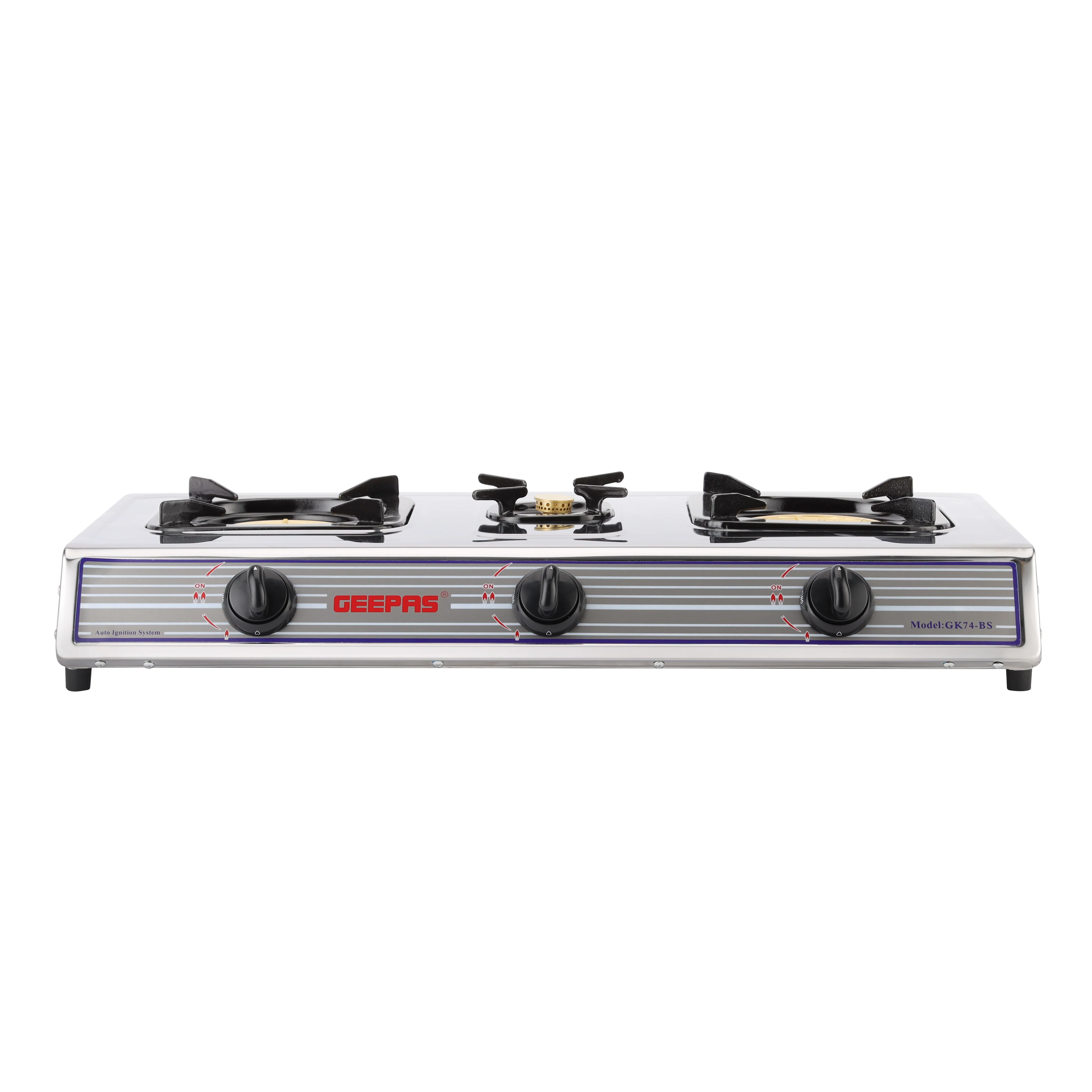 Geepas GK74BS Stainless Steel 3 Burner Gas Cooker | Brass Burners |  Automatic Ignition System |  Low Gas Consumption |  Durable Pan Supports for Home Cooking Use - Image 2