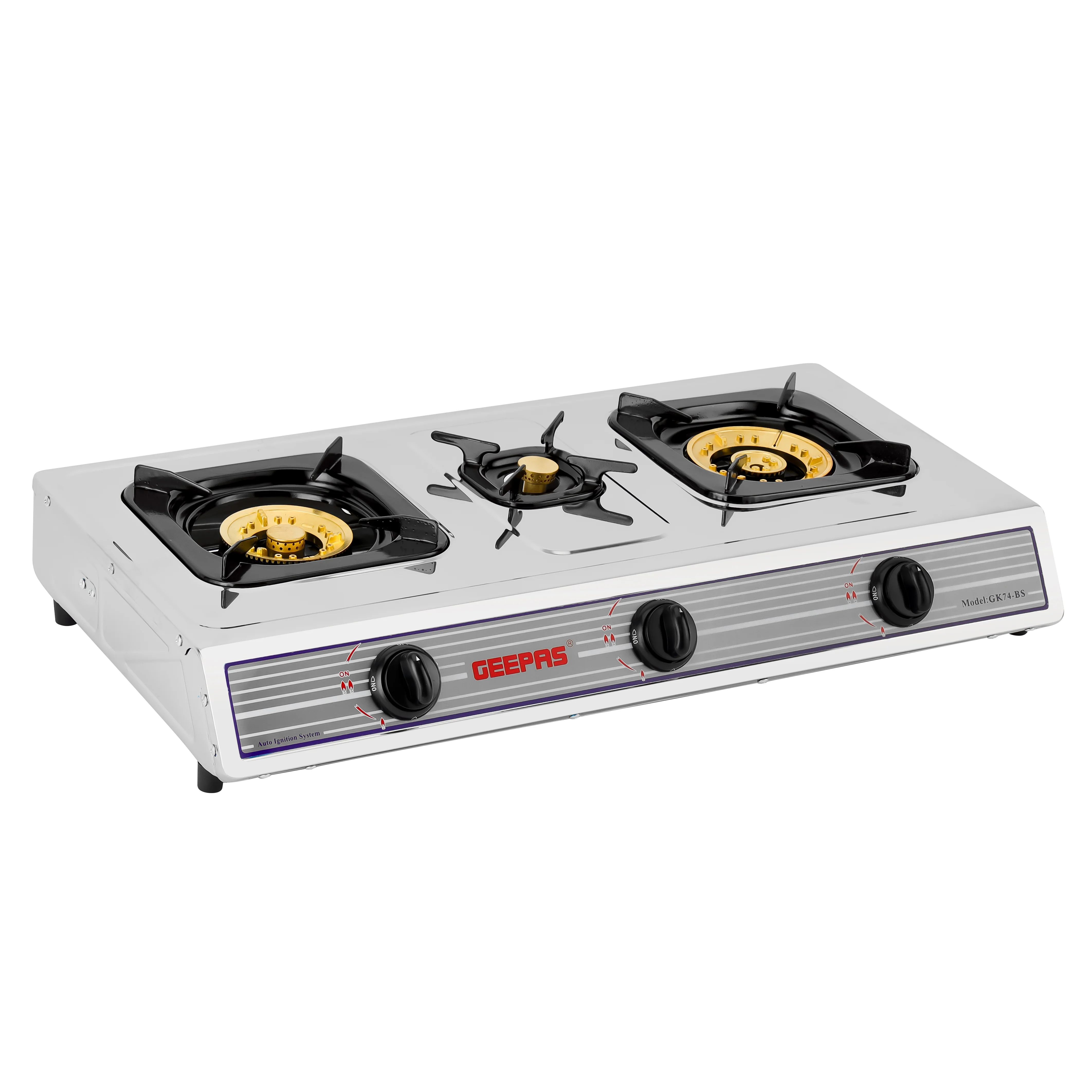 Geepas GK74BS Stainless Steel 3 Burner Gas Cooker | Brass Burners |  Automatic Ignition System |  Low Gas Consumption |  Durable Pan Supports for Home Cooking Use - Image 3