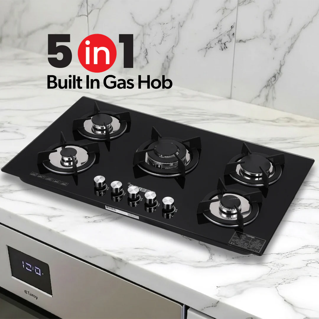 Geepas Glass Gas Hob GGC31011 | 5 Burner Gas Stove with Auto Ignition| Toughened Glass Surface| Cast Iron Pan Support & Powerful Triple Ring Wok Burner| 2 Years Warranty - Image 3