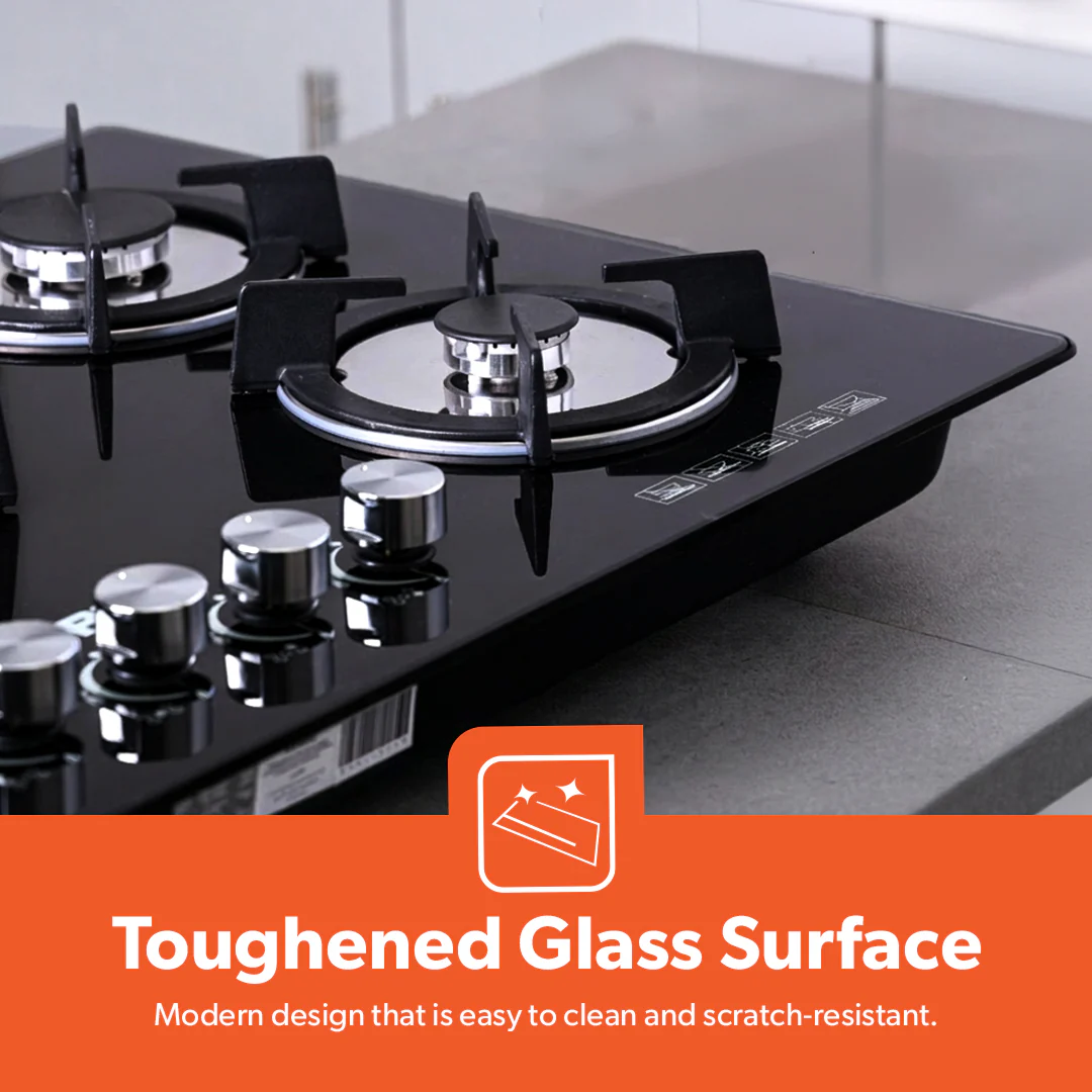 Geepas Glass Gas Hob GGC31011 | 5 Burner Gas Stove with Auto Ignition| Toughened Glass Surface| Cast Iron Pan Support & Powerful Triple Ring Wok Burner| 2 Years Warranty - Image 5