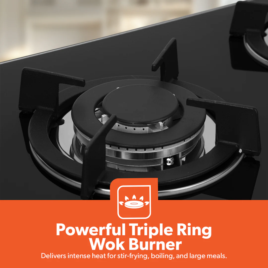 Geepas Glass Gas Hob GGC31011 | 5 Burner Gas Stove with Auto Ignition| Toughened Glass Surface| Cast Iron Pan Support & Powerful Triple Ring Wok Burner| 2 Years Warranty - Image 6