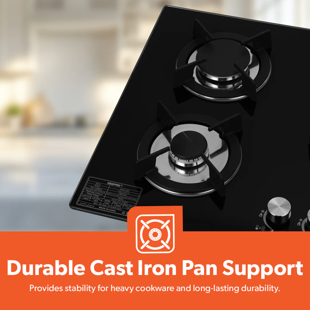 Geepas Glass Gas Hob GGC31011 | 5 Burner Gas Stove with Auto Ignition| Toughened Glass Surface| Cast Iron Pan Support & Powerful Triple Ring Wok Burner| 2 Years Warranty - Image 7