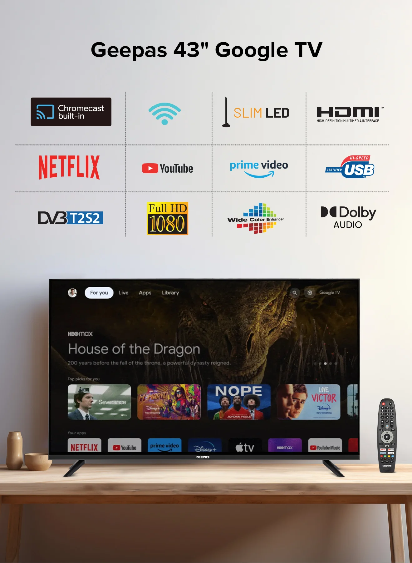 Geepas GLED4314SGXHD 43” Full HD Google TV | Smart LED TV with Chromecast| Dolby Audio| 3 HDMI| 2 USB| Wide Color Enhancer| Slim Design| 178° Viewing Angle| 2x8W Output - Image 4