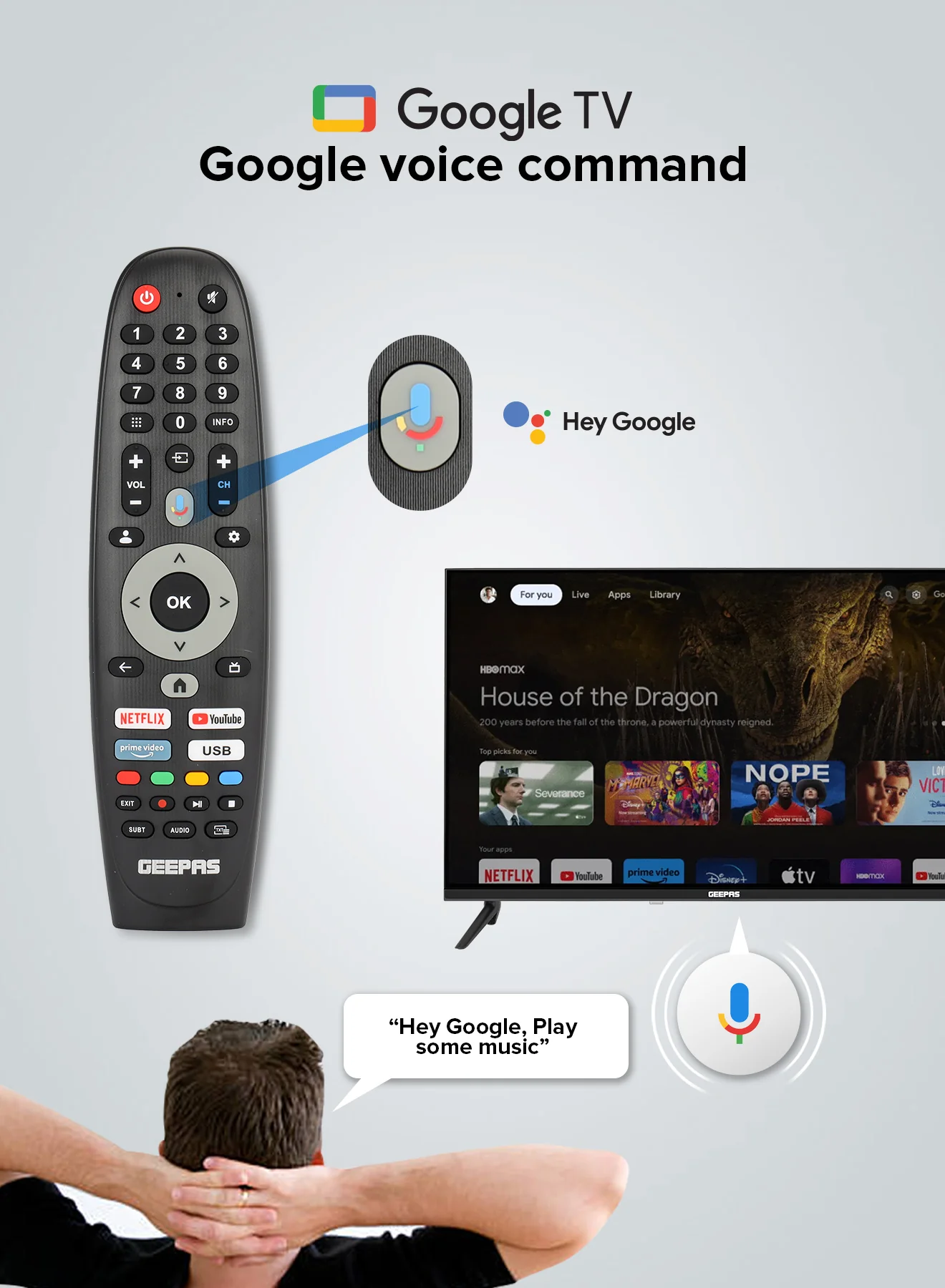 Geepas GLED4314SGXHD 43” Full HD Google TV | Smart LED TV with Chromecast| Dolby Audio| 3 HDMI| 2 USB| Wide Color Enhancer| Slim Design| 178° Viewing Angle| 2x8W Output - Image 6