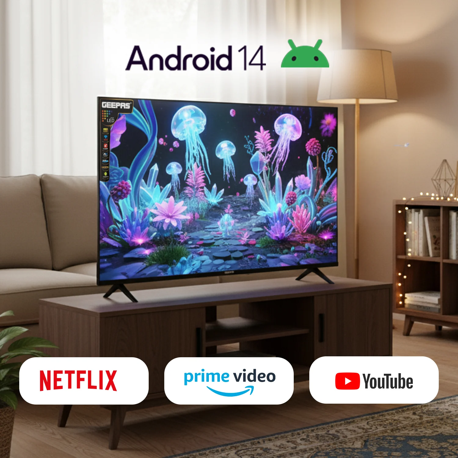 Geepas GLED4328SXHD 43-Inch Full HD Smart LED TV | Frameless Design| HDMI & USB Connectivity| HQ Sound| Android OS| 178° Viewing Angle| Slim LED| 2x8W Audio Output - Image 4