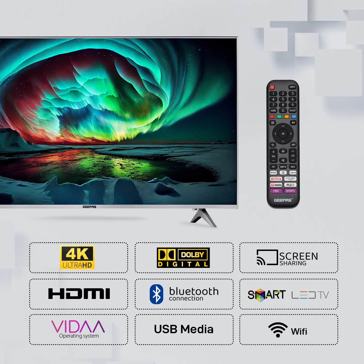 Geepas GLED5009SVUHD 50” 4K UHD Smart LED TV| Frameless Design| VIDAA OS| Dolby Digital Audio|3 HDMI| USB| Bluetooth| Screen Sharing| Built-in Receiver| Mat Silver Finish - Image 5