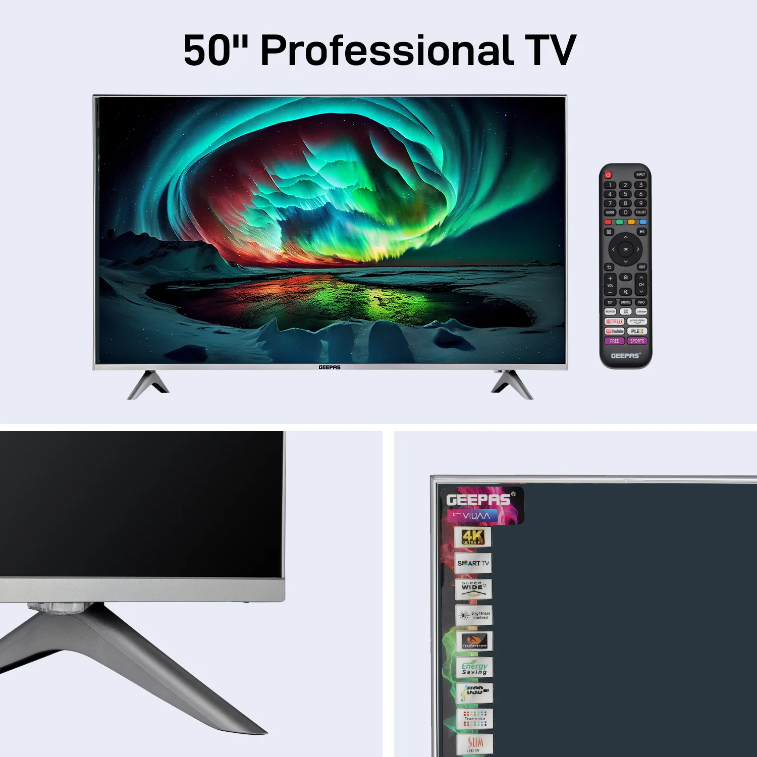 Geepas GLED5009SVUHD 50” 4K UHD Smart LED TV| Frameless Design| VIDAA OS| Dolby Digital Audio|3 HDMI| USB| Bluetooth| Screen Sharing| Built-in Receiver| Mat Silver Finish - Image 6