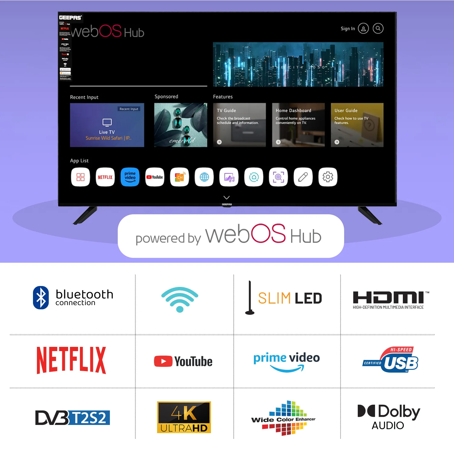 Geepas GLED5040TSUHD 50-Inch Ultra HD 4K Smart LED TV | WebOS Hub|  Frameless Design|  HDMI & USB Connectivity| Dolby HQ Sound|  Full Color Optimizer|  Apple AirPlay - Image 4