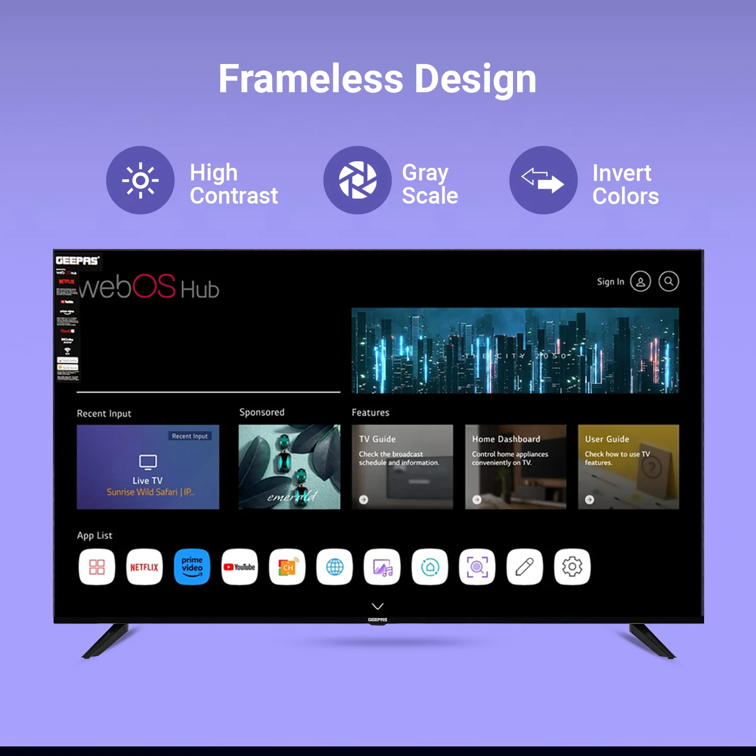 Geepas GLED5040TSUHD 50-Inch Ultra HD 4K Smart LED TV | WebOS Hub|  Frameless Design|  HDMI & USB Connectivity| Dolby HQ Sound|  Full Color Optimizer|  Apple AirPlay - Image 6