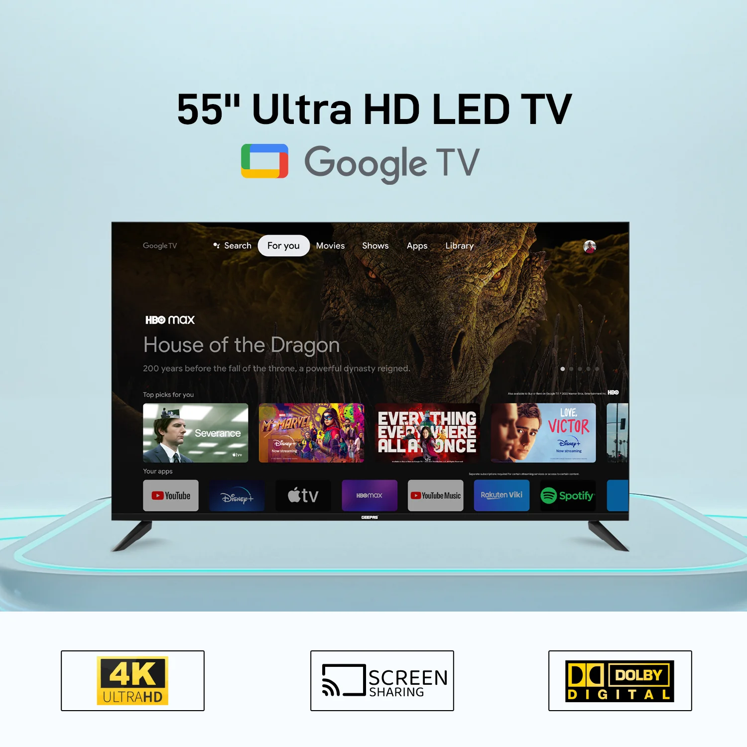 Geepas GLED5506SGXHD 55 Inch 4K Ultra HD Google TV | Smart LED Television with Chromecast Built-in| Dolby Audio| Voice Remote Control| HDMI, USB, HDR Display| Wi-Fi - Image 4