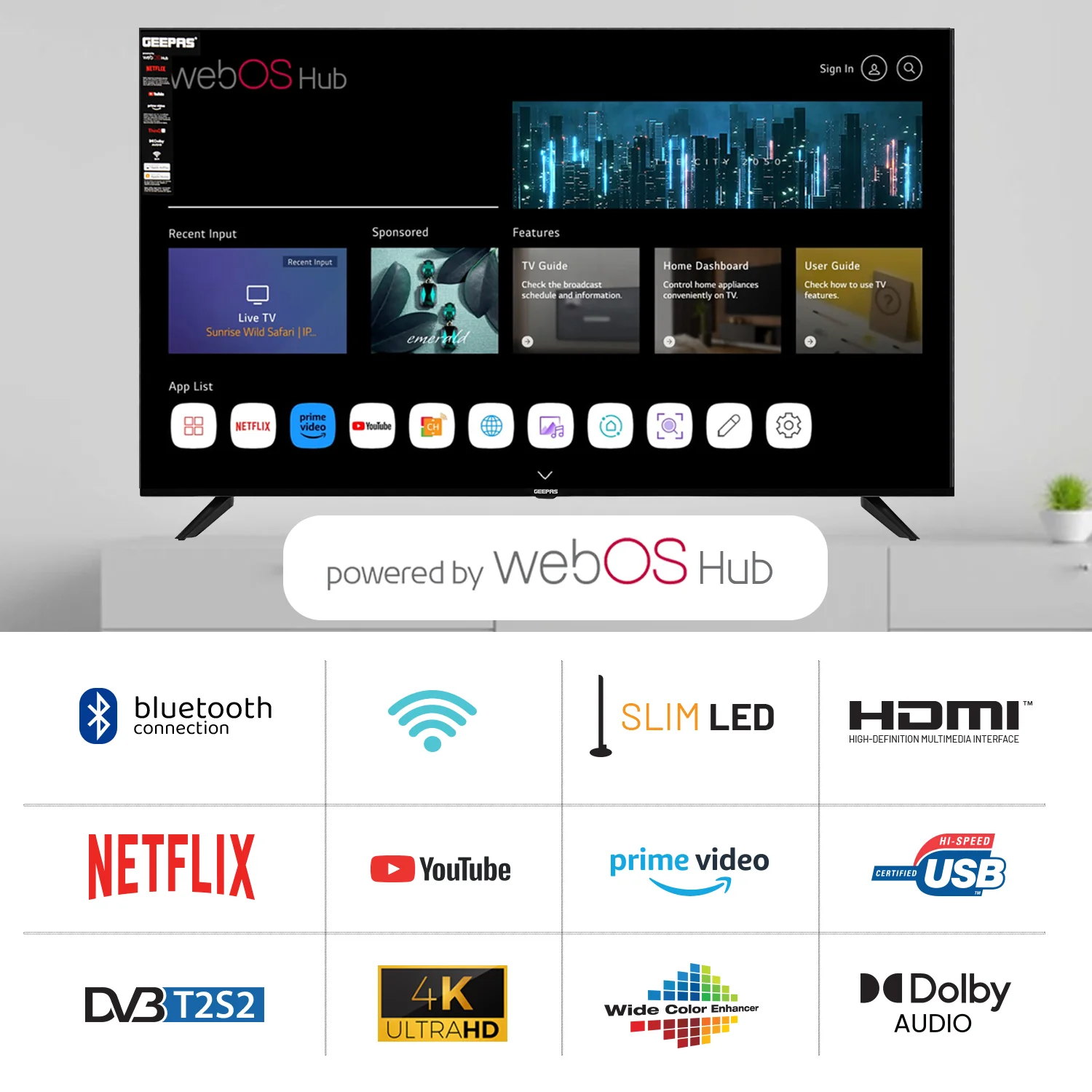 Geepas GLED5509SVUHD 55 Inch Ultra HD Smart LED TV | 4K UHD Display| webOS Hub| Frameless Design| HDMI, USB, HDR, HQ Sound| Smart Apps| Slim Design| 2x8W Audio Output - Image 3