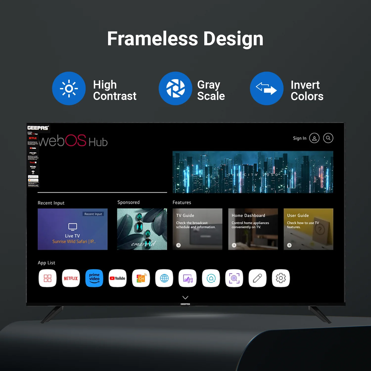 Geepas GLED5509SVUHD 55 Inch Ultra HD Smart LED TV | 4K UHD Display| webOS Hub| Frameless Design| HDMI, USB, HDR, HQ Sound| Smart Apps| Slim Design| 2x8W Audio Output - Image 5