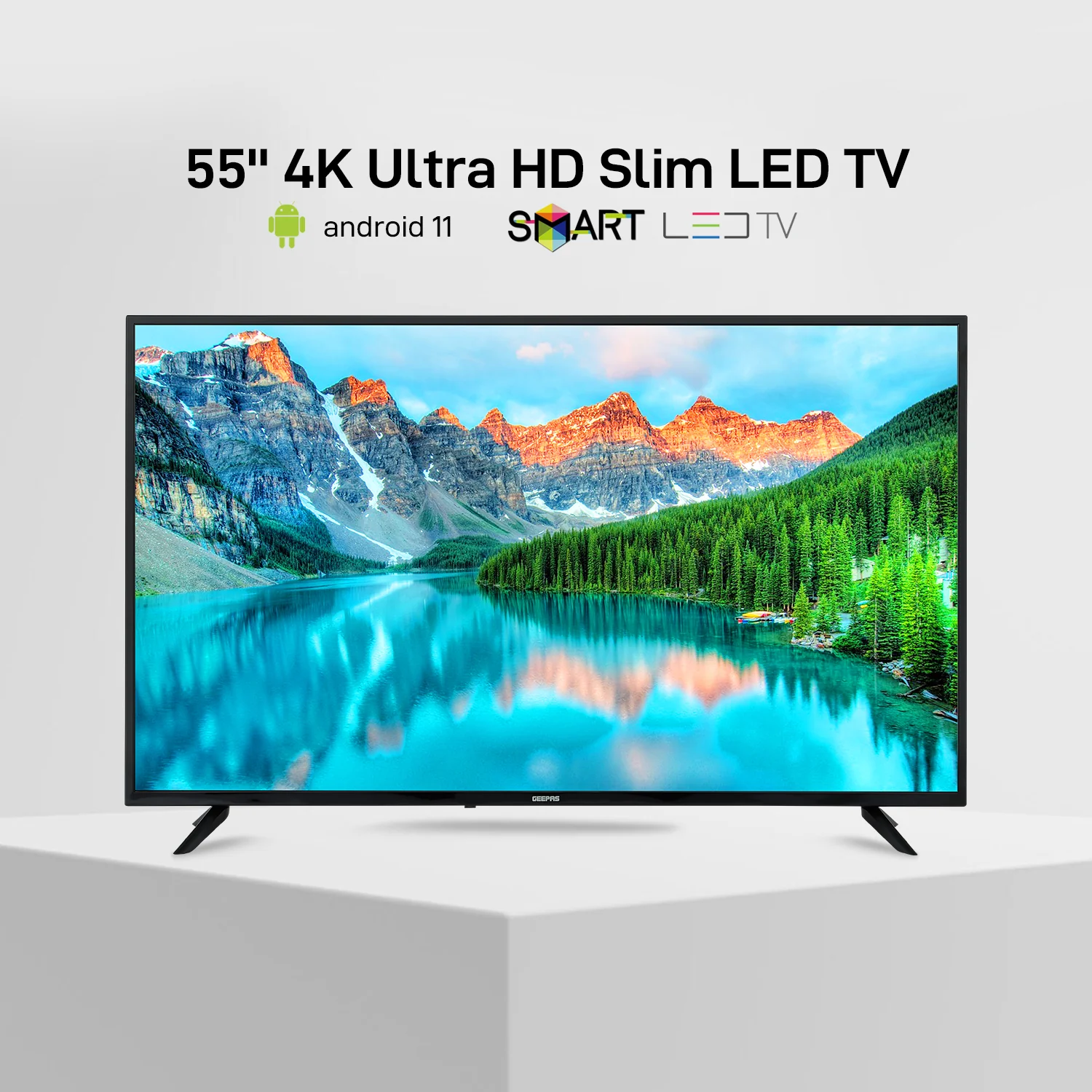 Geepas GLED5523SXUHD 55” 4K Ultra HD Smart LED TV | Android 11 OS| Frameless Design| Wi-Fi, 3 HDMI, USB, DVB-T2, 16.7M Colors| 178° Viewing Angle| 1-Year Warranty - Image 2