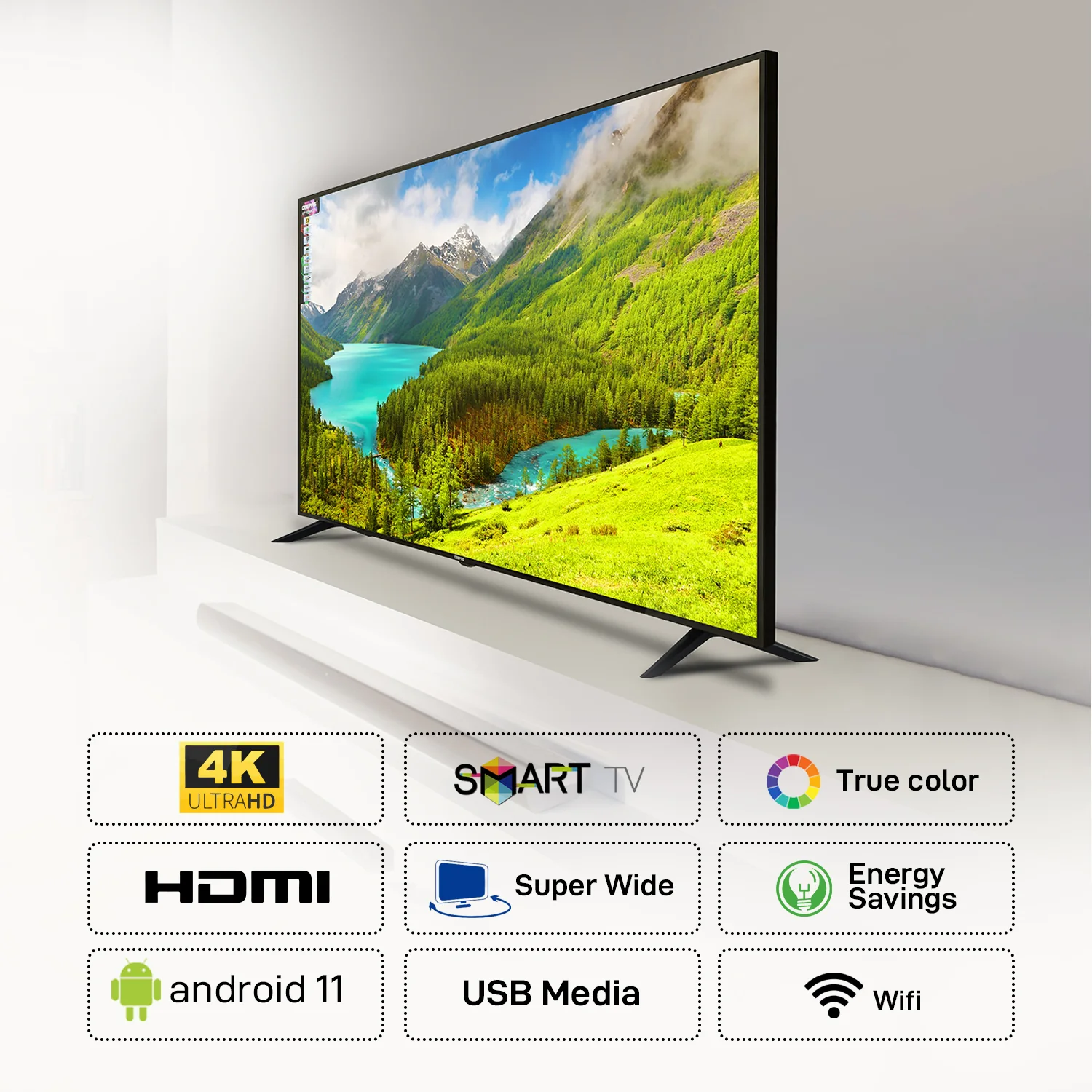 Geepas GLED5523SXUHD 55” 4K Ultra HD Smart LED TV | Android 11 OS| Frameless Design| Wi-Fi, 3 HDMI, USB, DVB-T2, 16.7M Colors| 178° Viewing Angle| 1-Year Warranty - Image 4