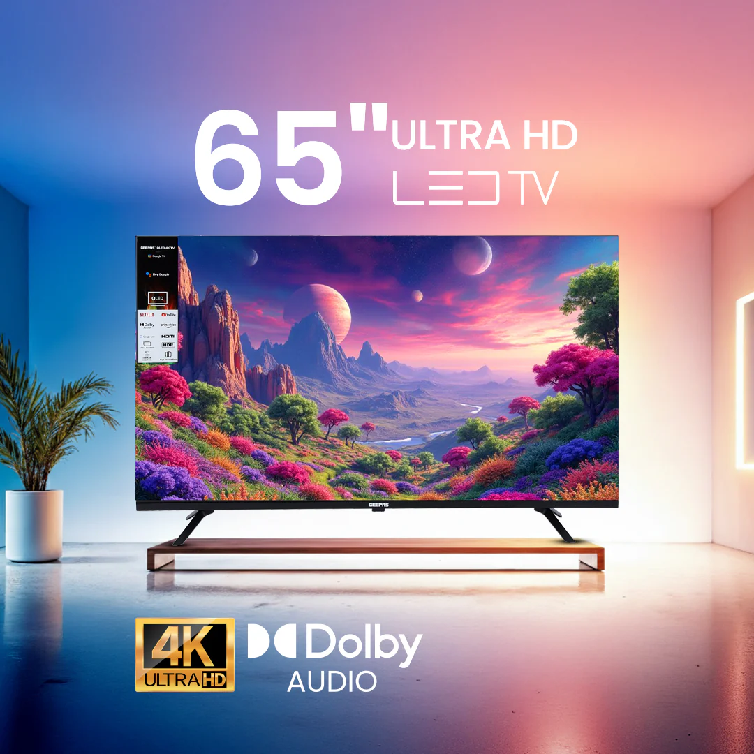 Geepas GLED6565GTQLD 65” 4K Ultra HD QLED Smart TV with Google TV | Dolby Audio & HDR | Built-in Chromecast | 3 HDMI, 2 USB, DVB-T2/S2, Voice Remote & Wall Mount - Image 2